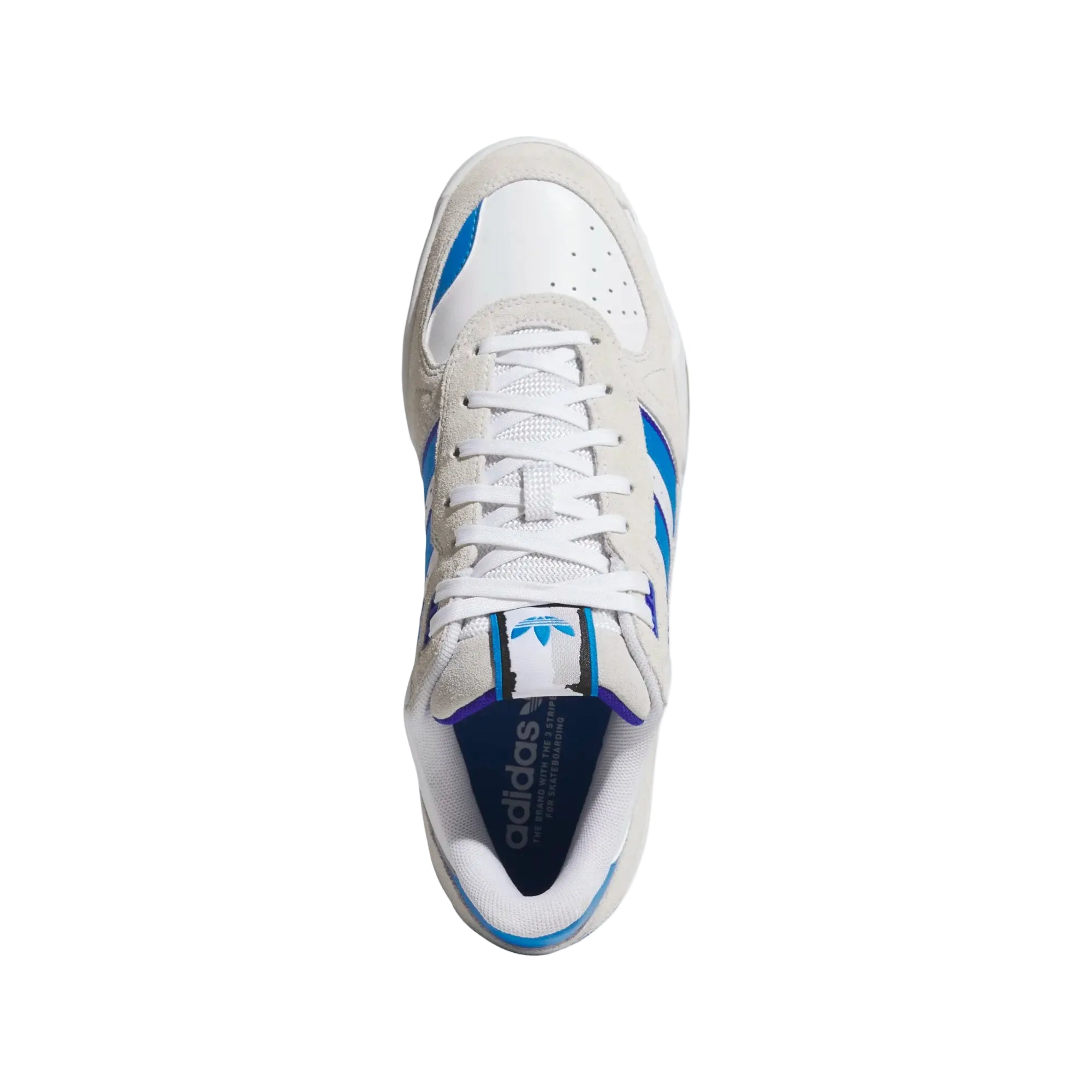White Adidas skateboarding shoe with blue accents on a white background
