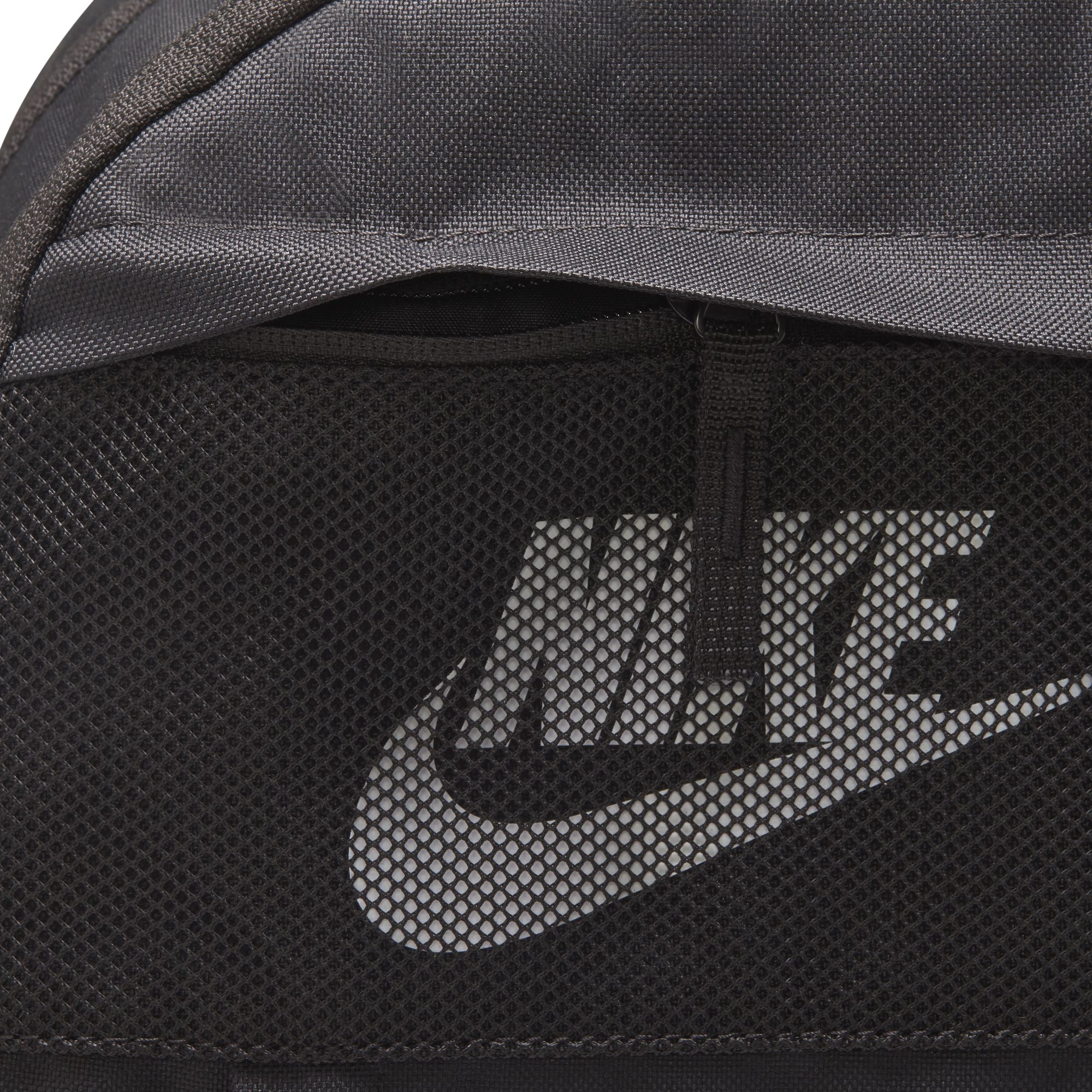 Black Nike back pack with two main pockets with zips, mesh pocket on front and white nike swoosh logo on front. Free uk shipping over £50