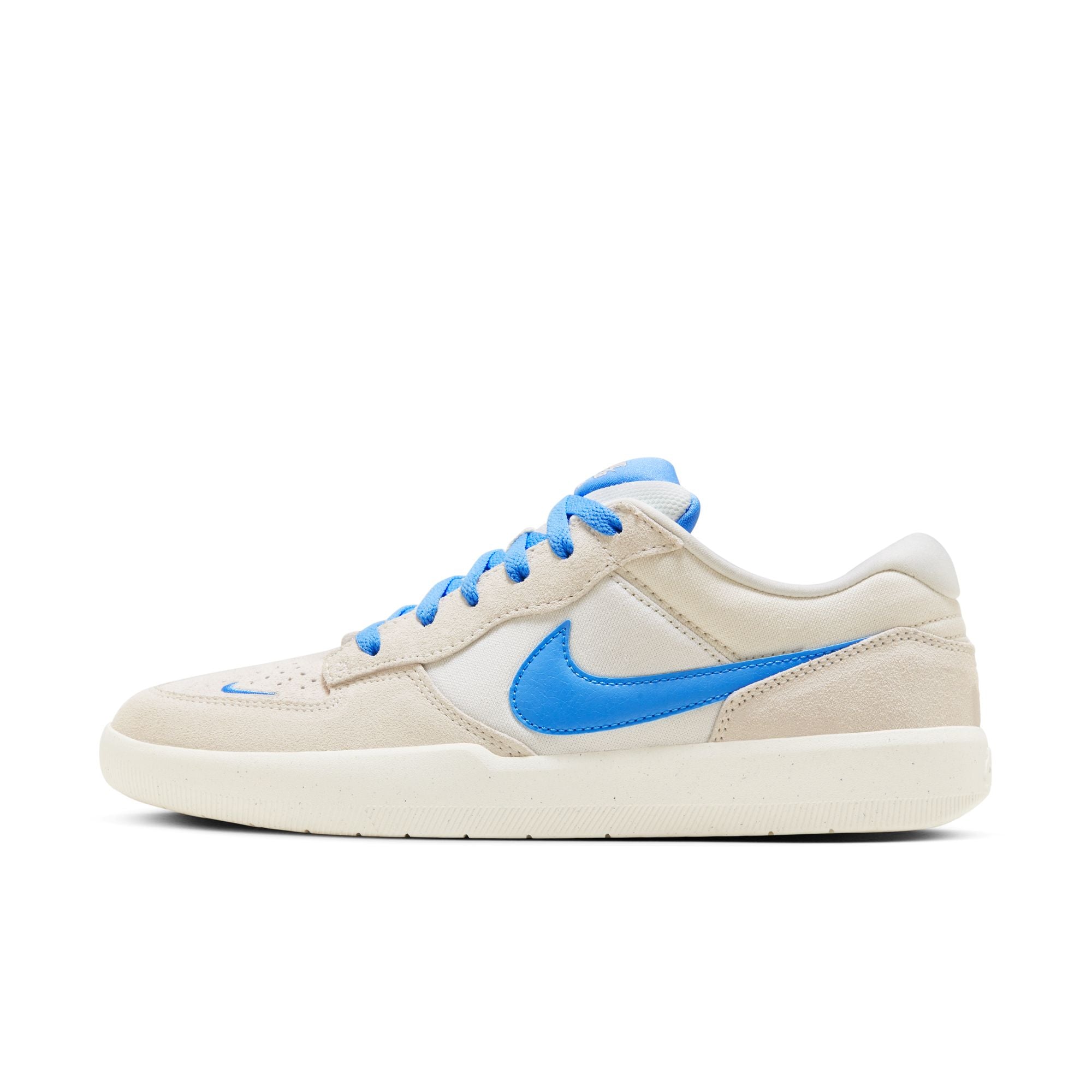 Low top Nike SB Force 58 Premium skate shoes, in white colourway with blue Nike swoosh on sides.