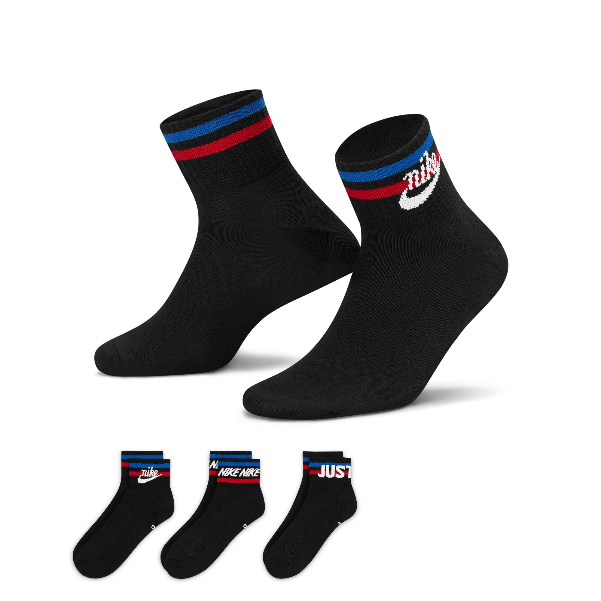 Nike Everyday Essential 3 Pack Ankle Socks Black White Game Royal University Red Medium