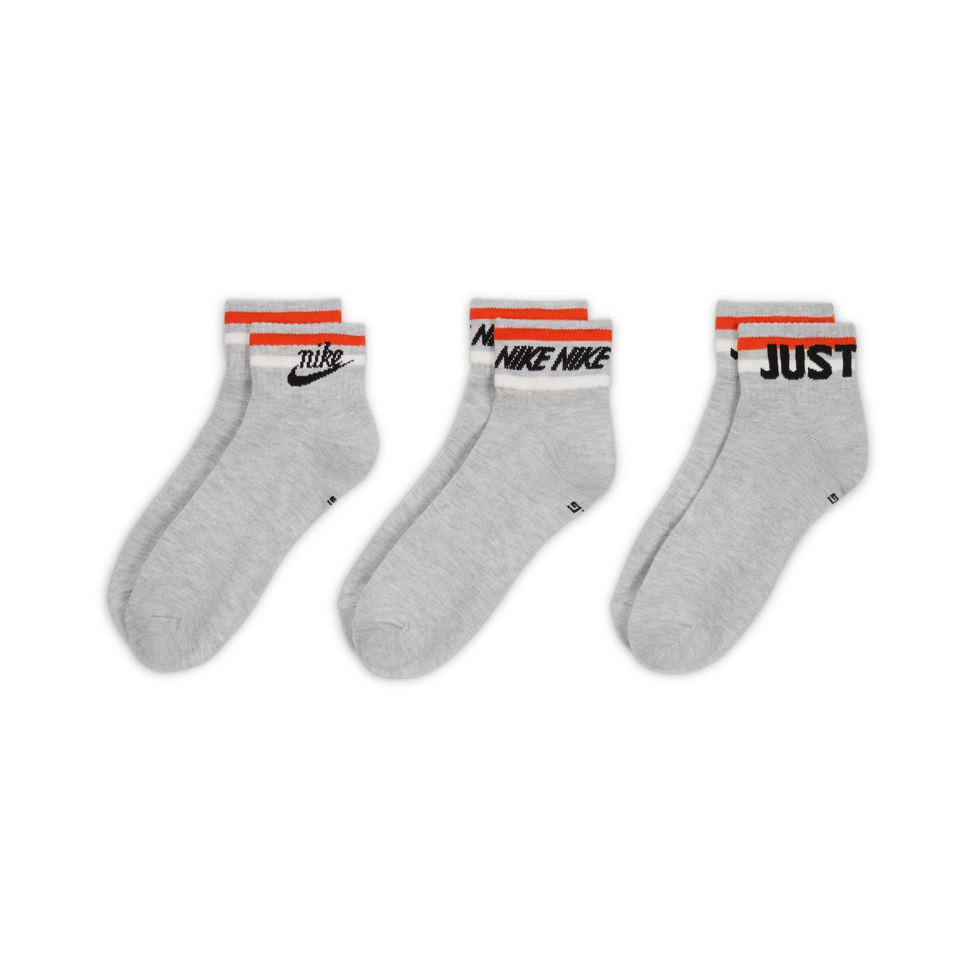 Grey nike ankle socks with red and white stripes and black nike swoosh logo. Free uk shipping over £50