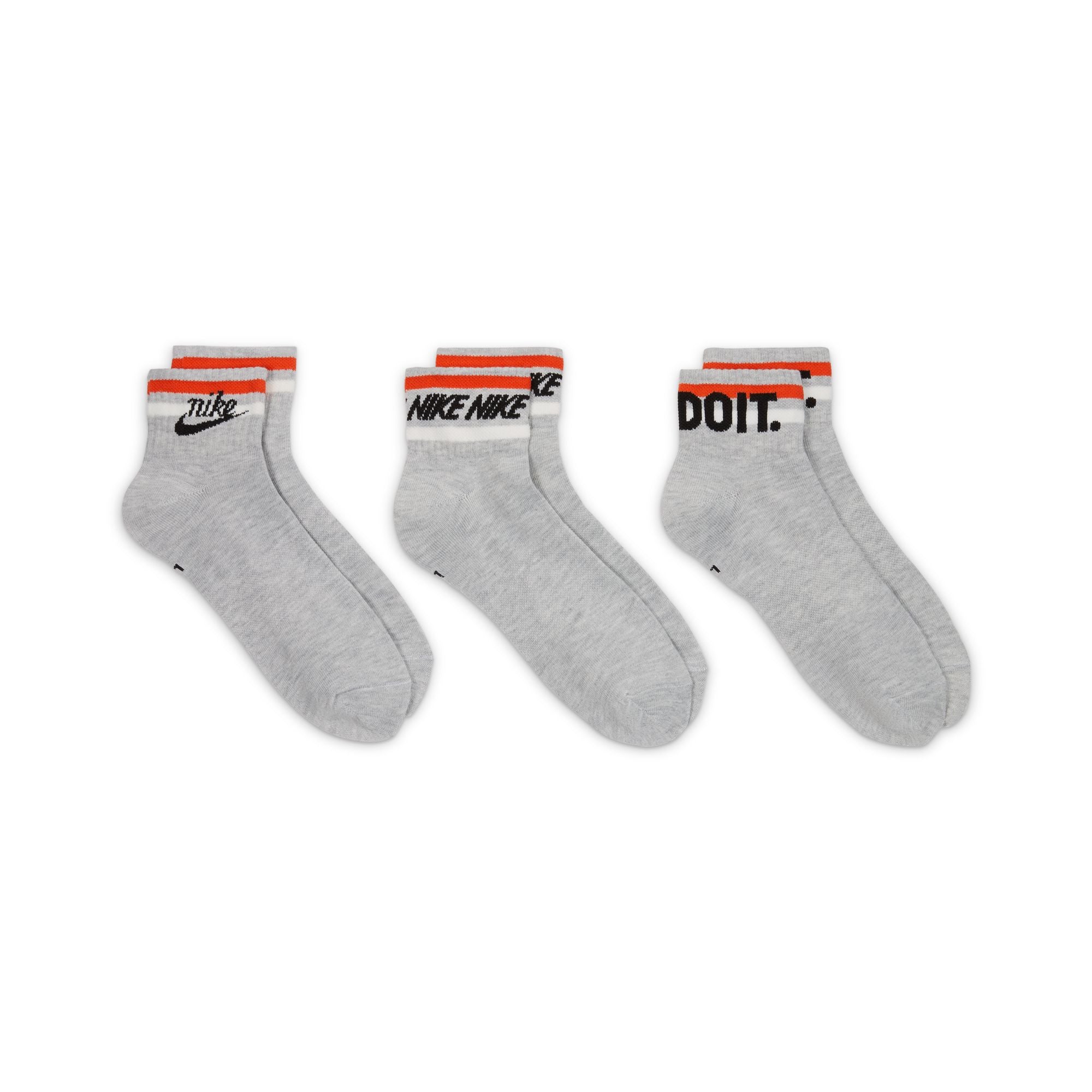 Grey nike ankle socks with red and white stripes and black nike swoosh logo. Free uk shipping over £50