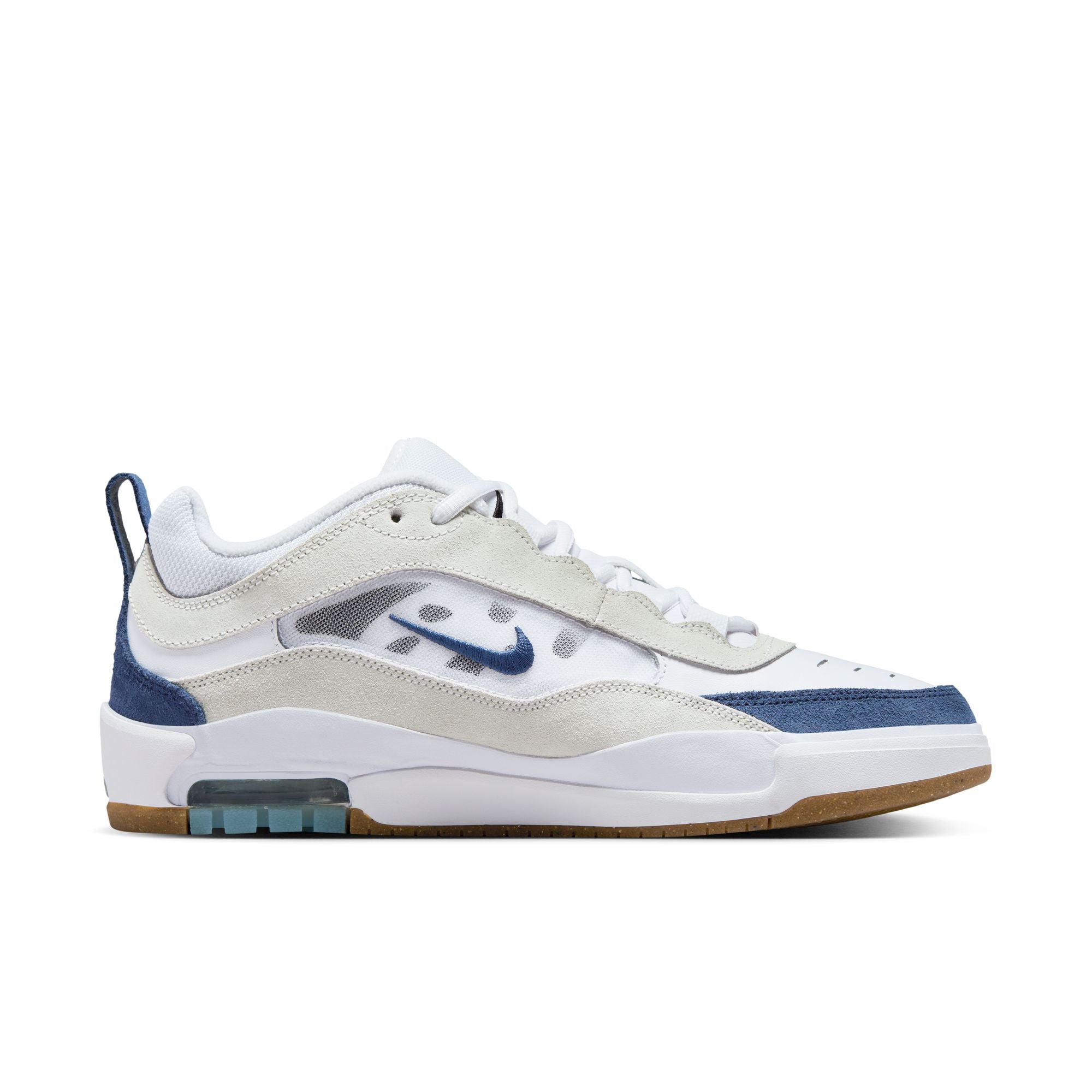 White nike air max Ishod low top shoe with cream and blue suede details and black nike tick. Gum sole. Free uk shipping over £50