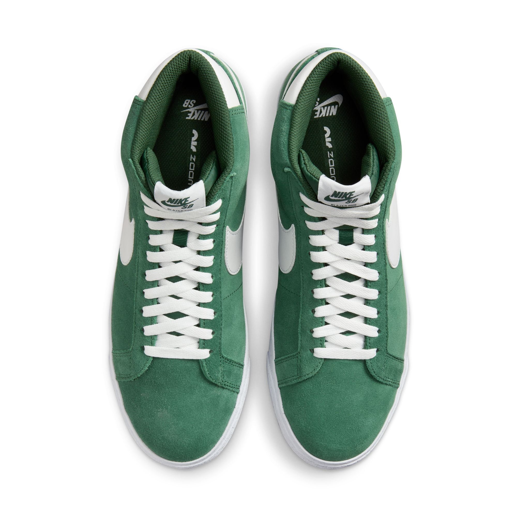 Mid top Nike SB Blazer Mid skate shoes, in Fir Green colourway with white Nike swoosh on sides.