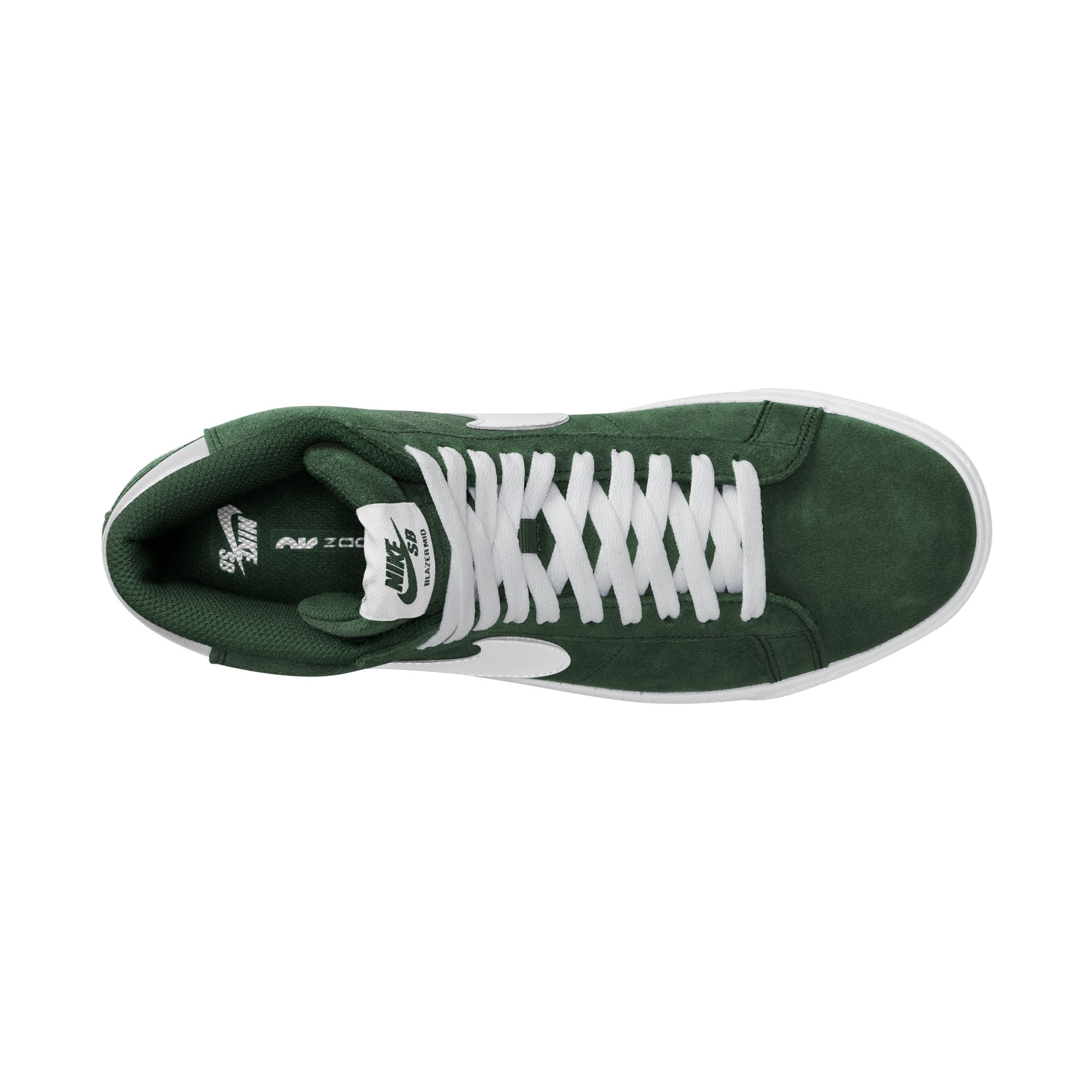 Mid top Nike SB Blazer Mid skate shoes, in Fir Green colourway with white Nike swoosh on sides.