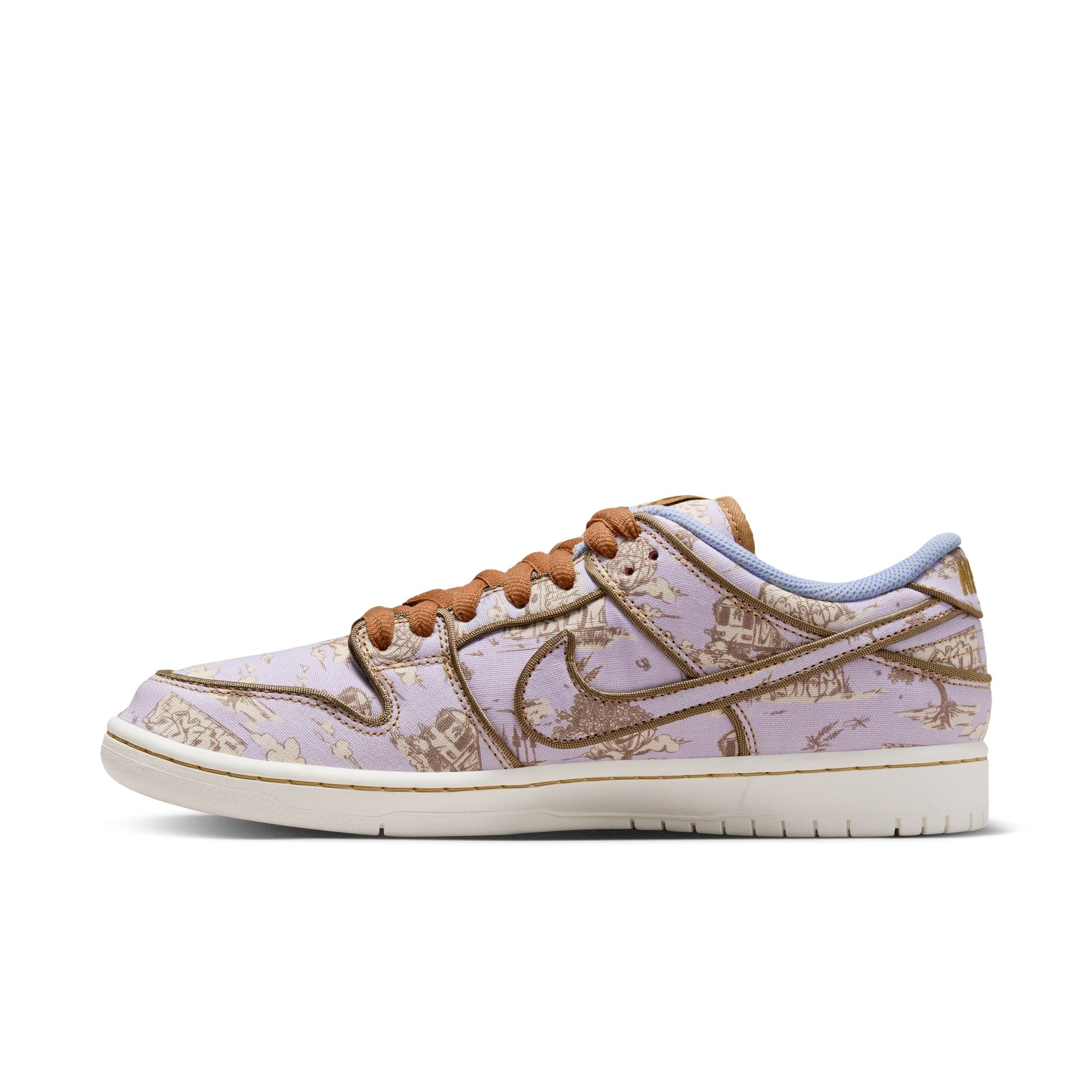 Purple Nike sb dunk low pro premium shoes with pastoral print, white midsole and brown laces. Free uk shipping over £50