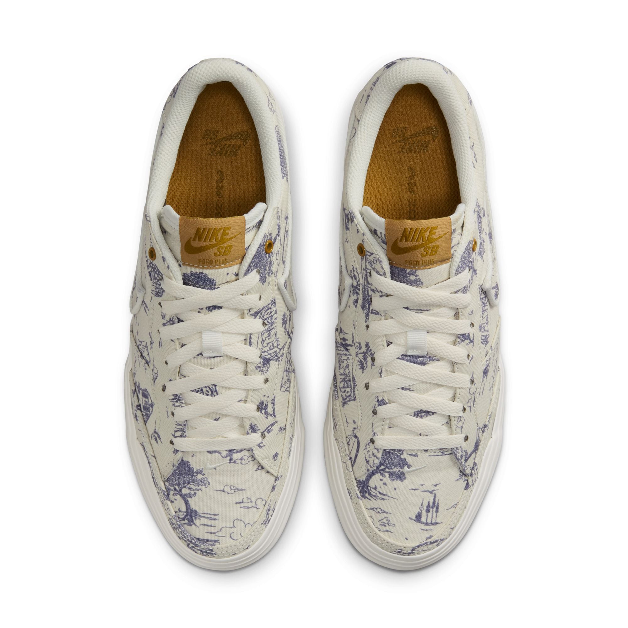 Cream nike sb pogo plus premium low top shoes with pastoral print, white midsole and brown nike sb tab on tongue. Free uk shipping over £50
