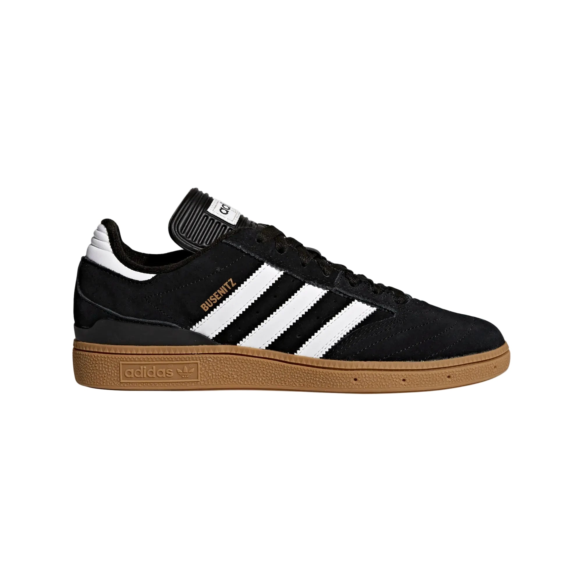 Black Adidas sneaker with white stripes on a light gray background