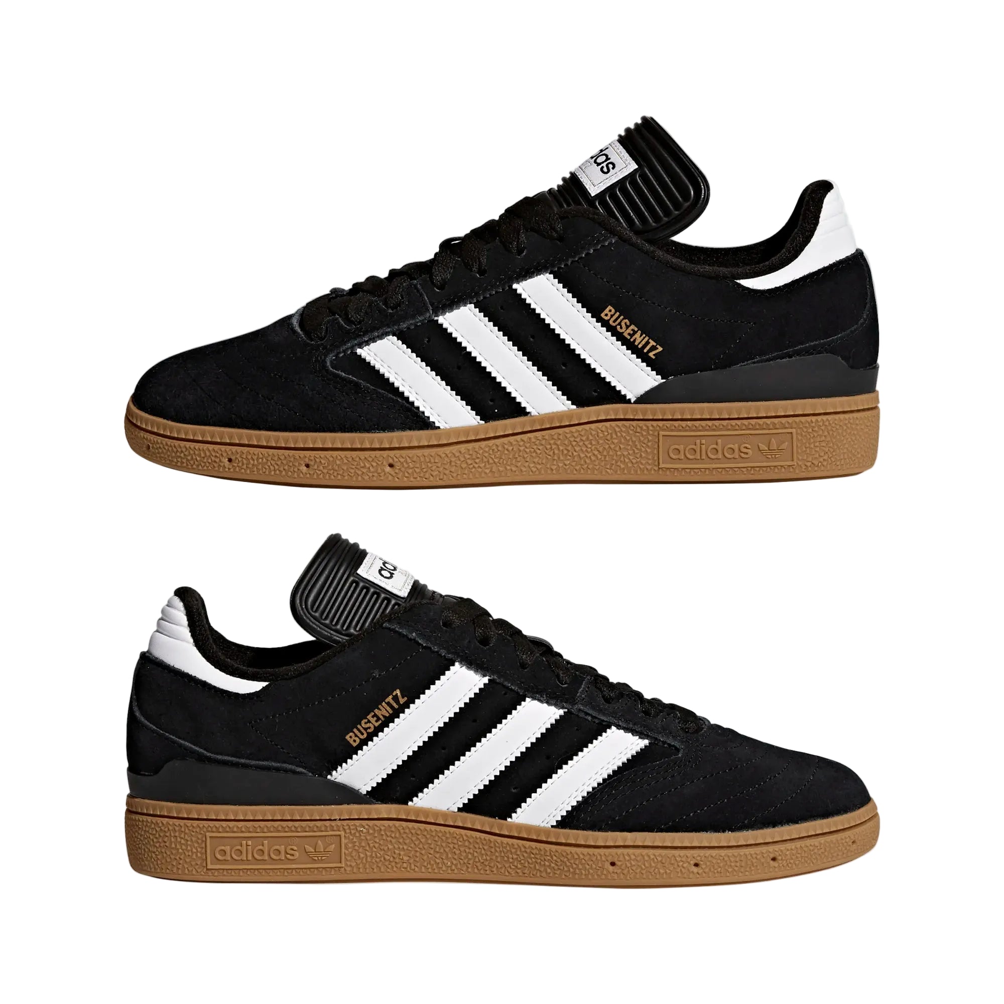 Black Adidas sneakers with white stripes and brown soles on a light gray background