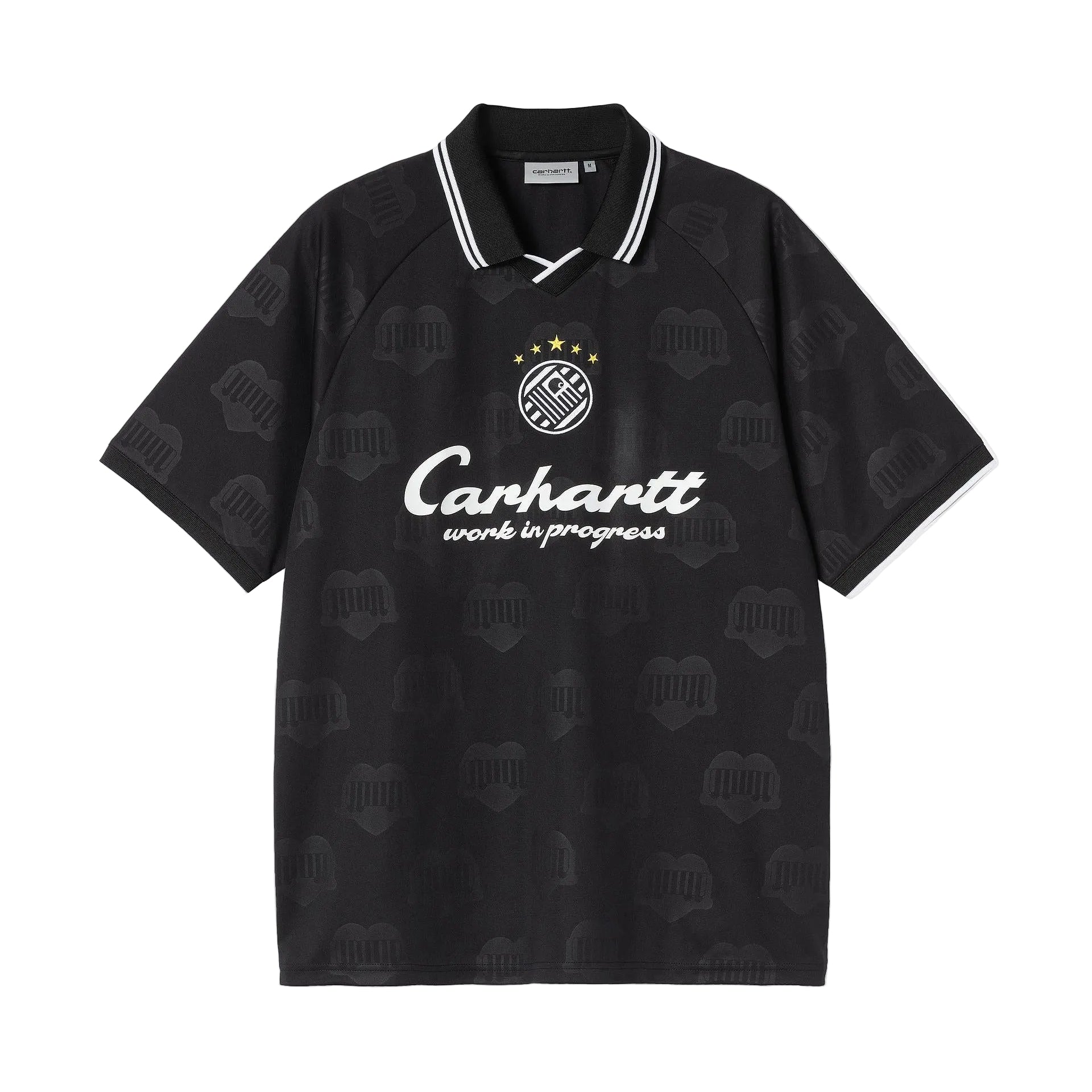 Black Carhartt football style shirt with white logos on a white background