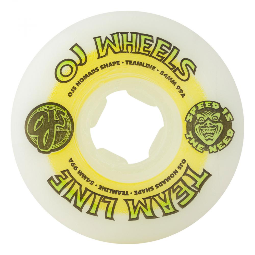 White OJ team hardline 99a 54mm wheels with green and yellow on logo on side. Free uk shipping over £50