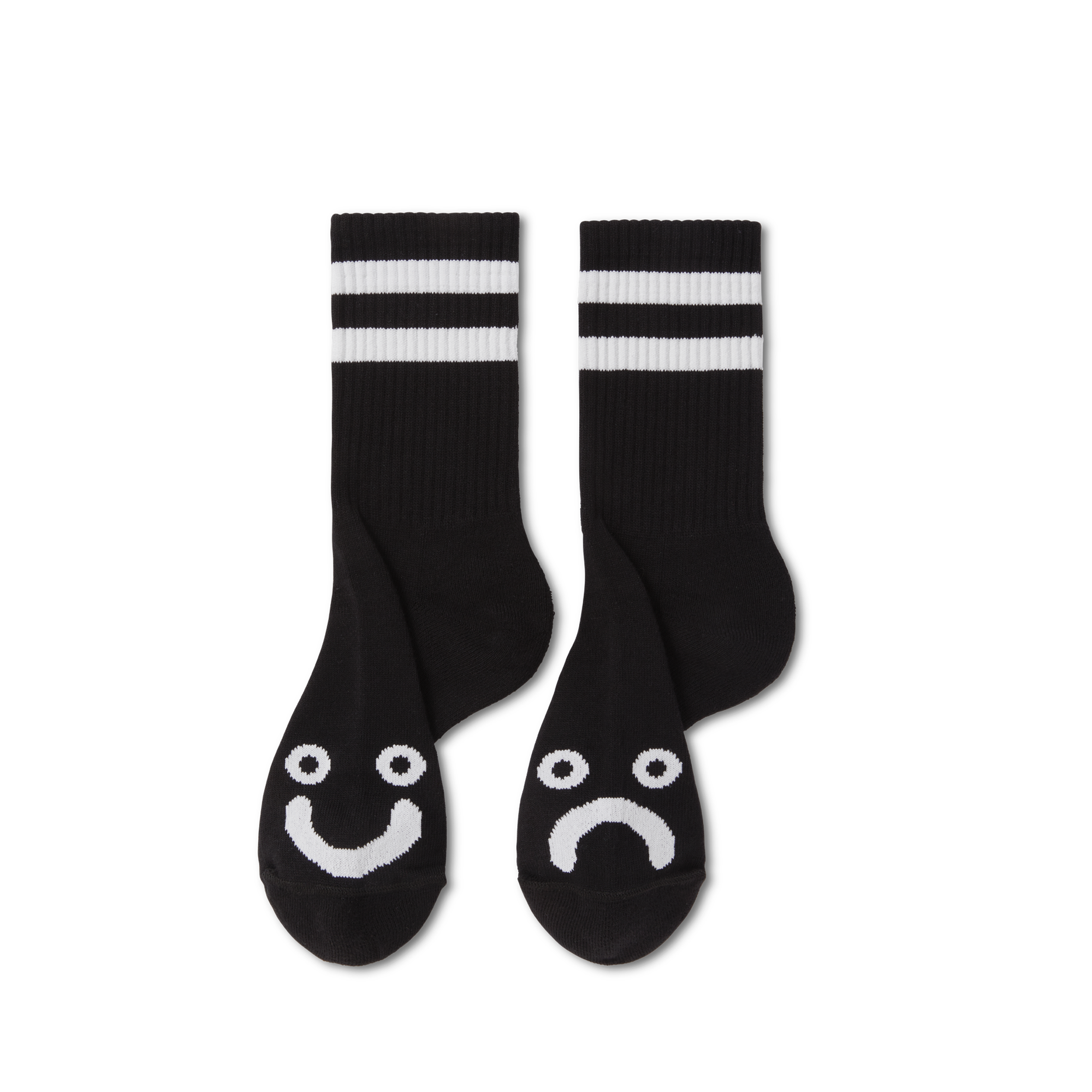 Black polar rib socks with white stripes and smiling and frowning face logos. Free delivery on items over £50