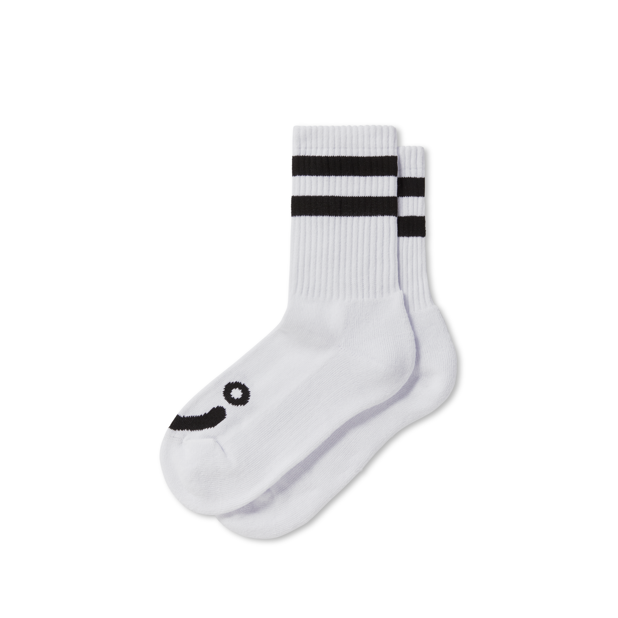 White polar rib socks with black stripes and smiling and frowning face logos. Free delivery on items over £50