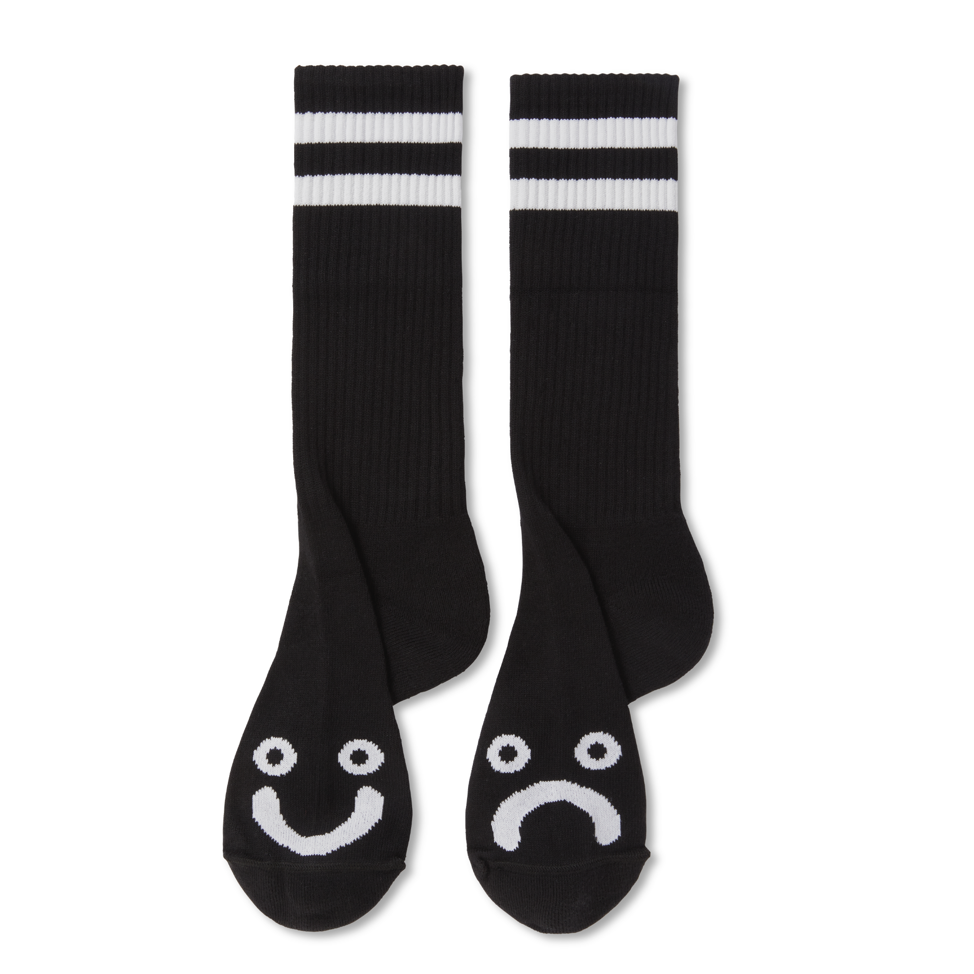 Black polar rib socks with white stripes and smiling and frowning face logos. Free delivery on items over £50