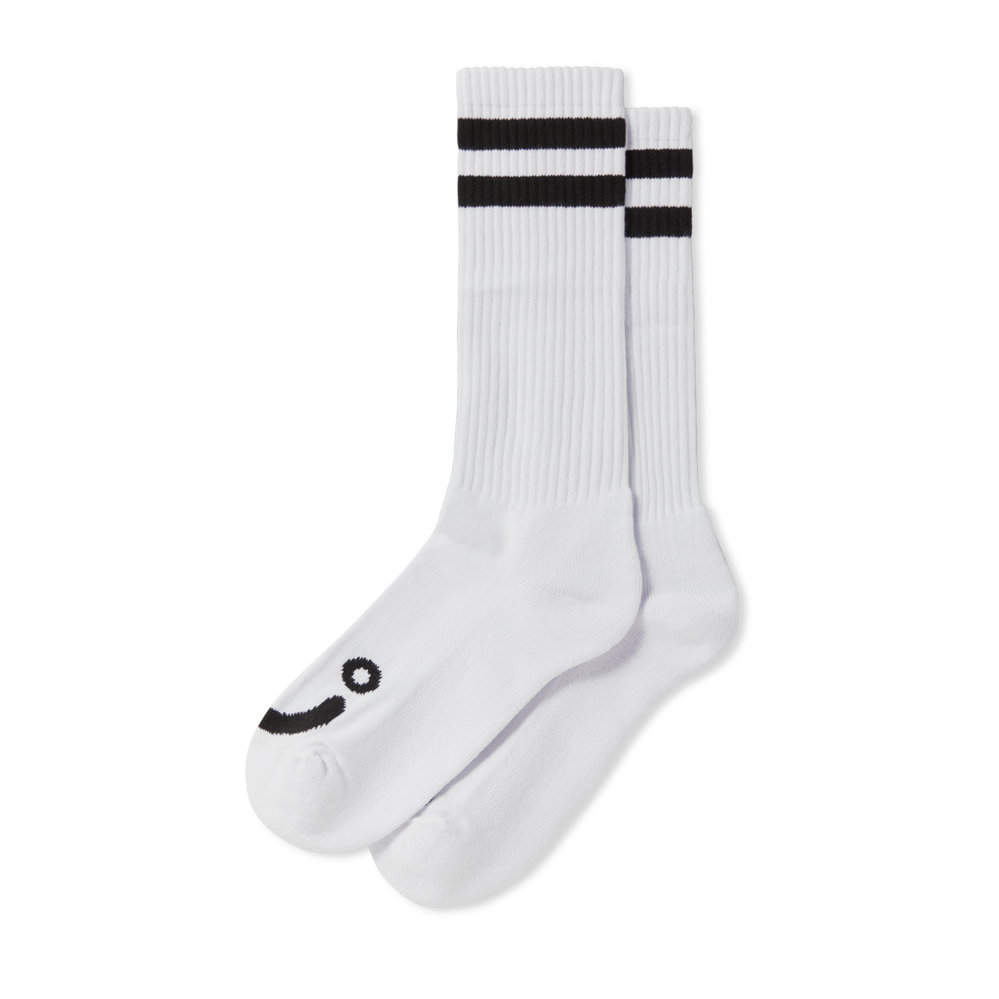 White polar rib socks with black stripes and smiling and frowning face logos. Free delivery on items over £50