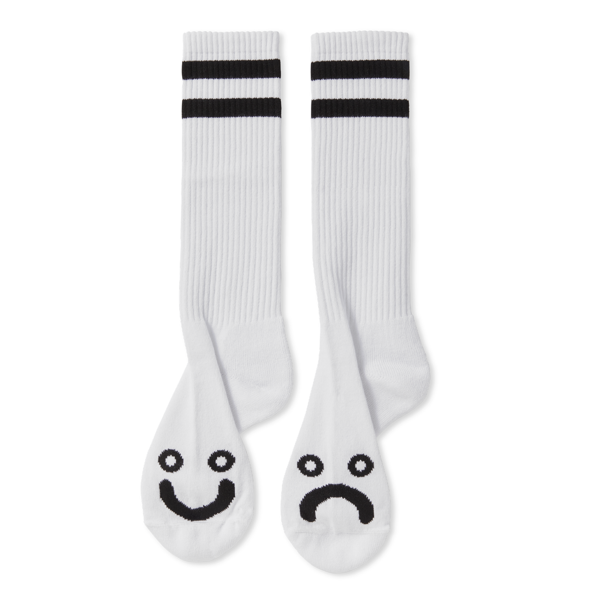 White polar rib socks with black stripes and smiling and frowning face logos. Free delivery on items over £50