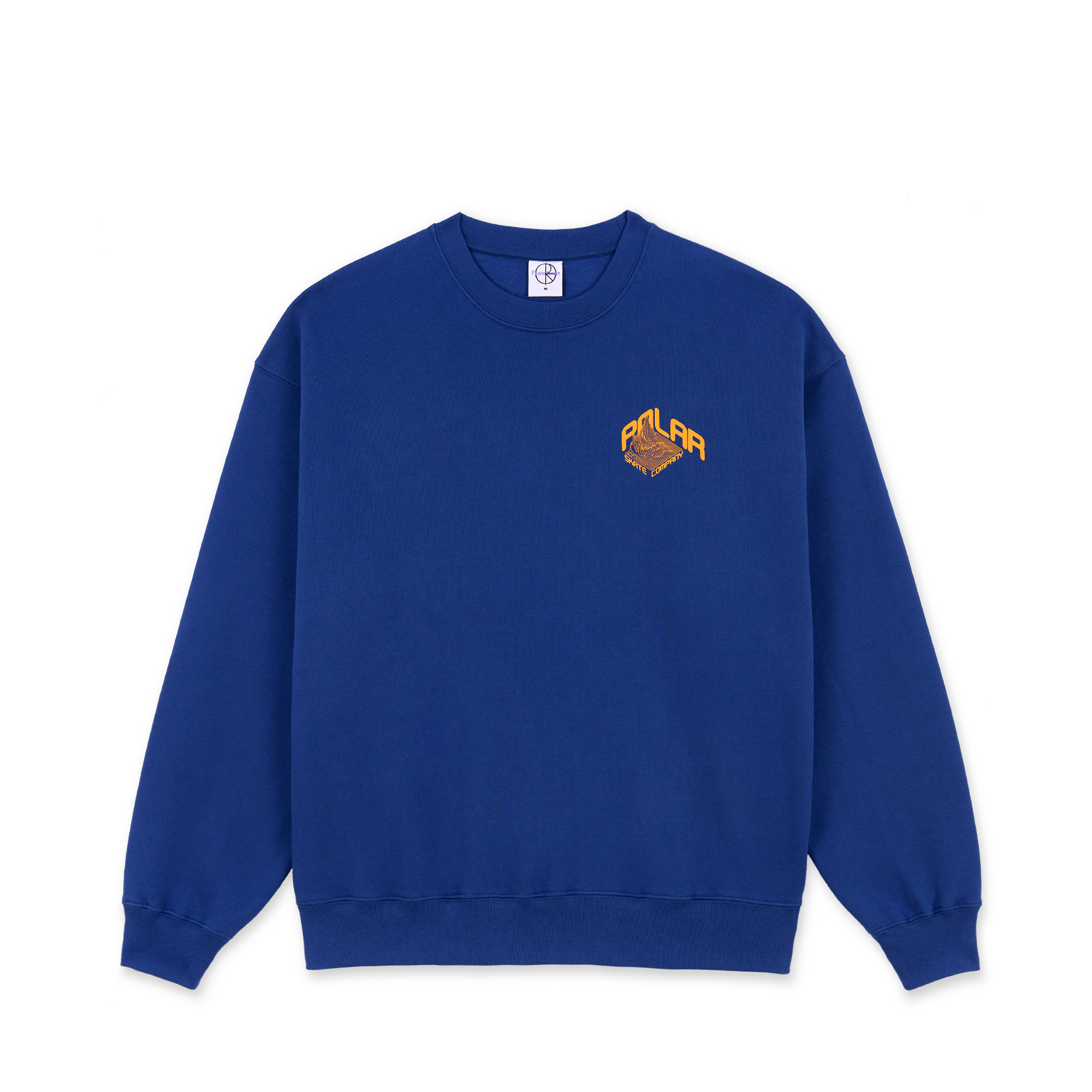 Deep blue polar Crewneck sweatshirt with orange logo on front. Free uk shipping on orders over £50