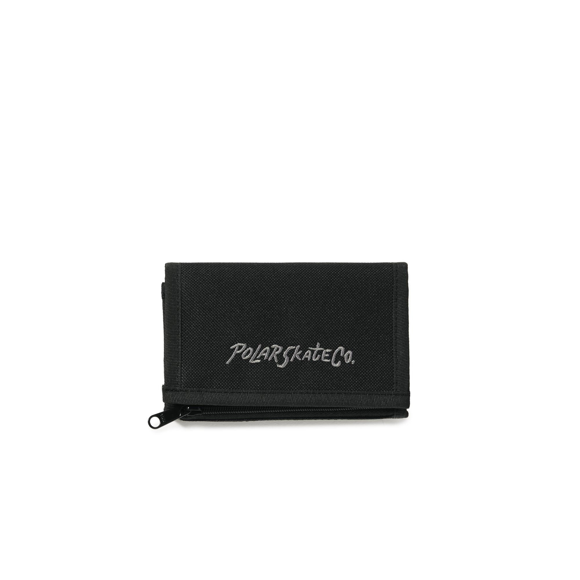 Black polar velcro wallet with grey logo on front. Card and cash pockets inside. Free uk shipping on orders over £50