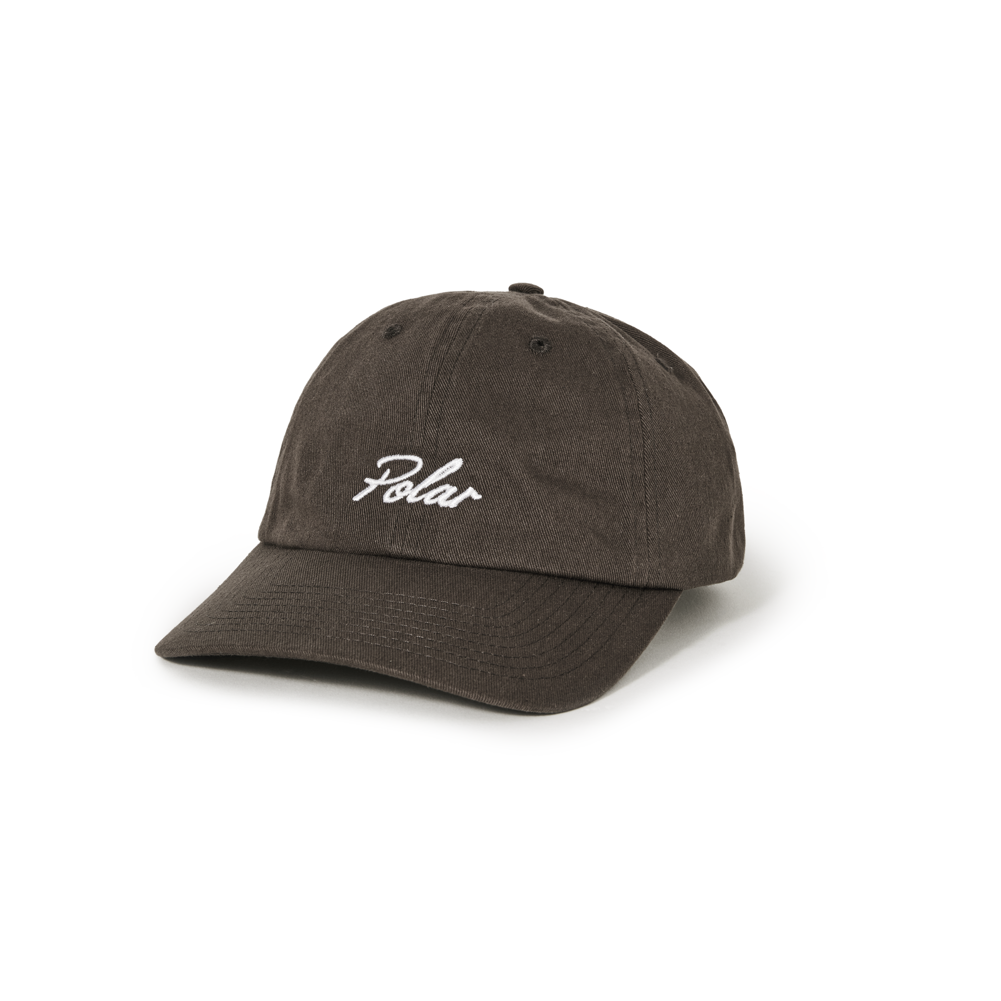 Brown polar six panel cap with white cursive logo on front and adjustable strap on back. Free uk shipping on orders over £50