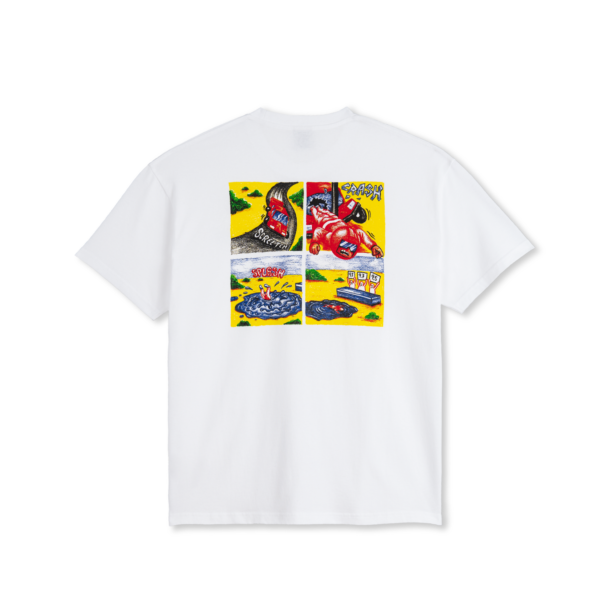 White polar T-shirt with blue outline logo on front and red and yellow cartoon panel graphic on back. Free uk shipping on orders over £50