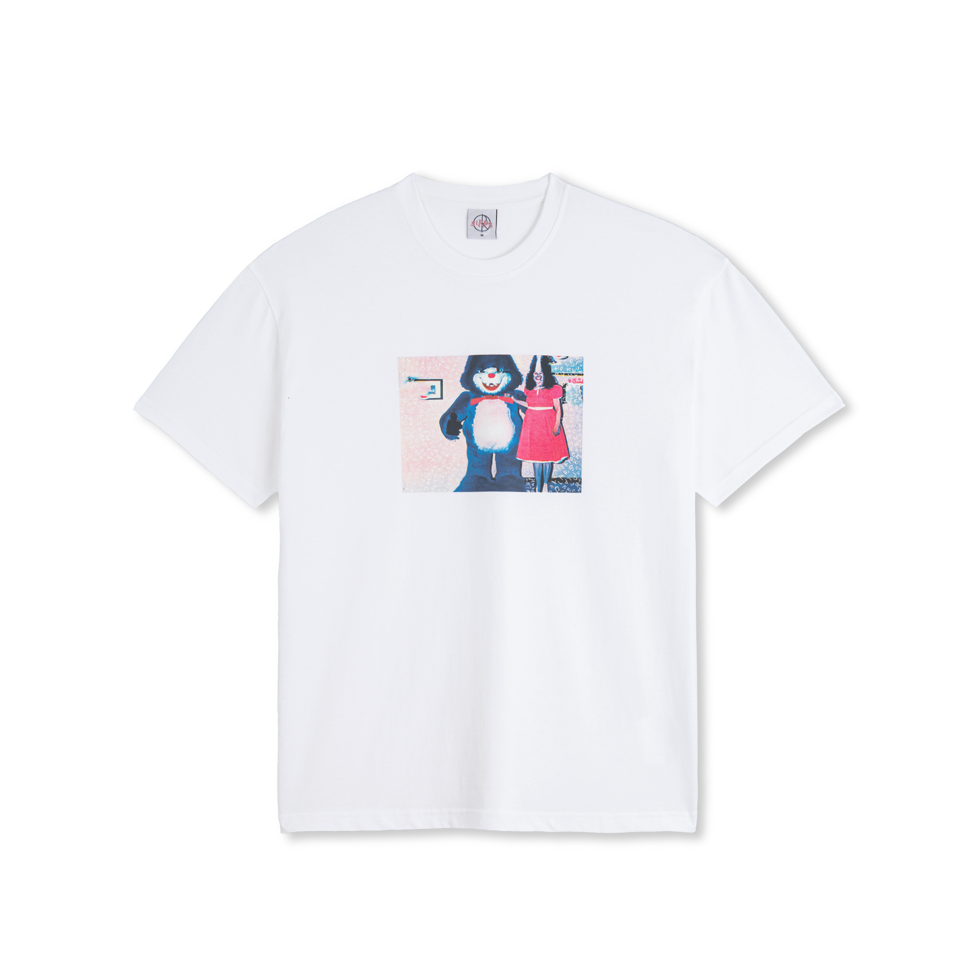 White polar short sleeve T-shirt with blue and pink box logo on front. Free uk shipping on orders over £50