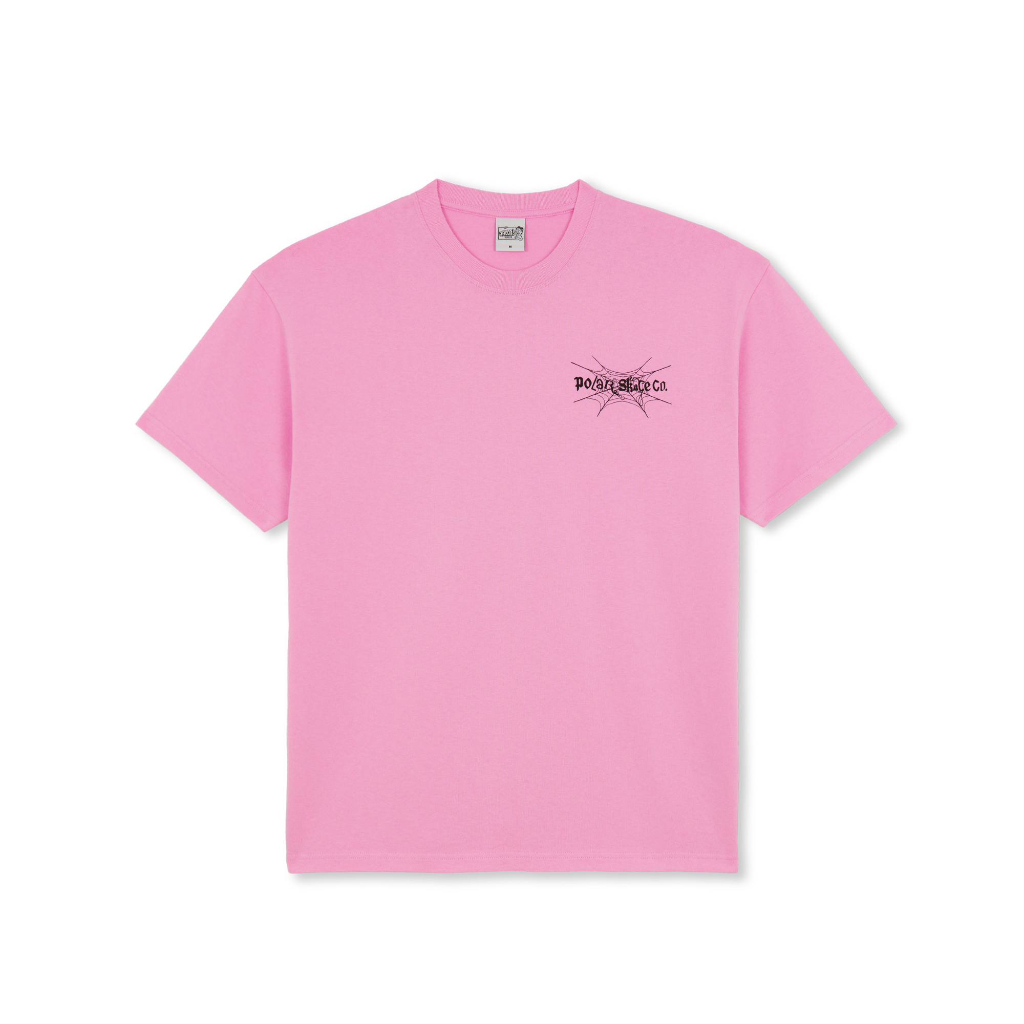 Pink polar short sleeve T-shirt with black spiderweb logo on front. Free uk shipping on orders over £50