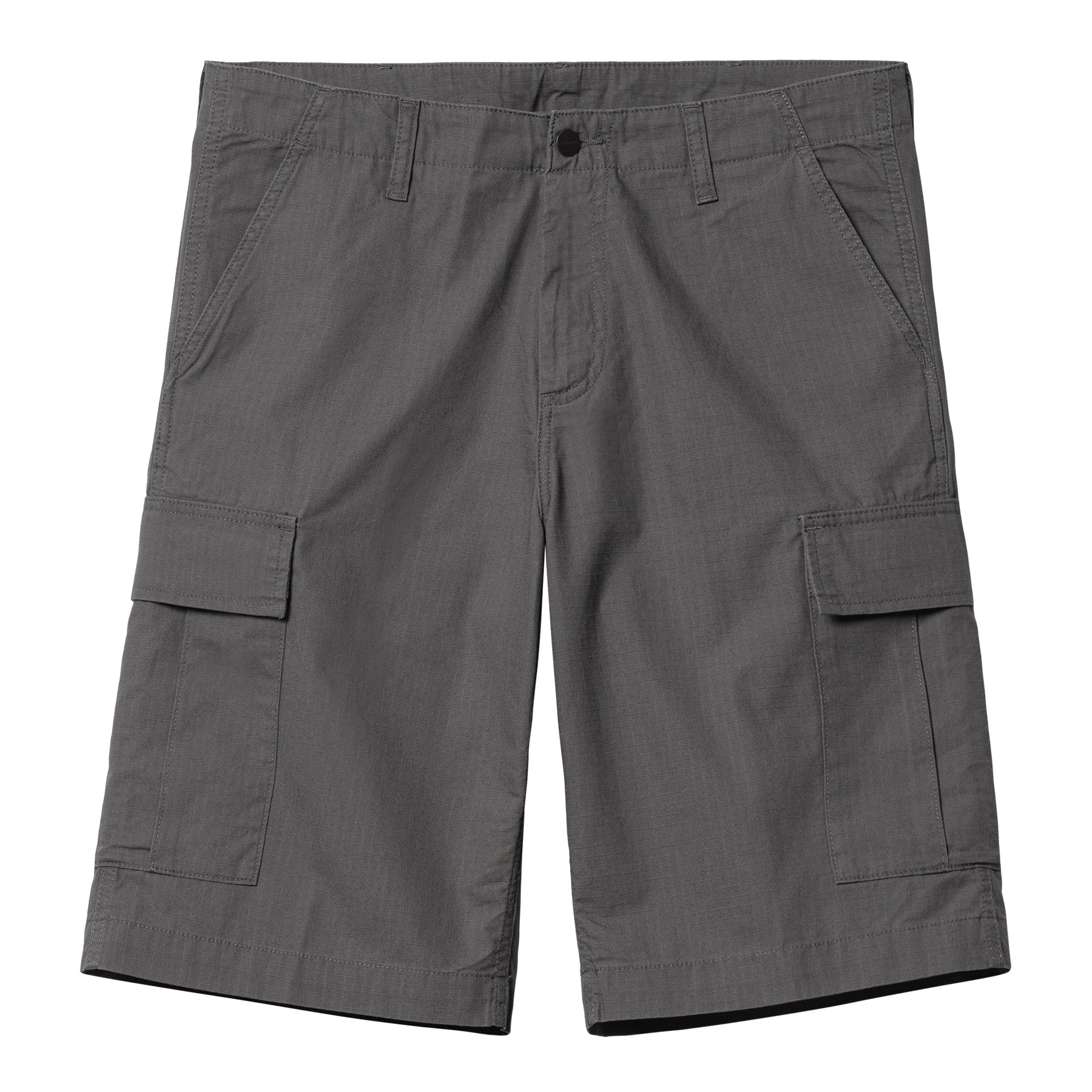Grey Carhartt cargo shorts with woven logo on side pocket. Free UK shipping on orders over £50.