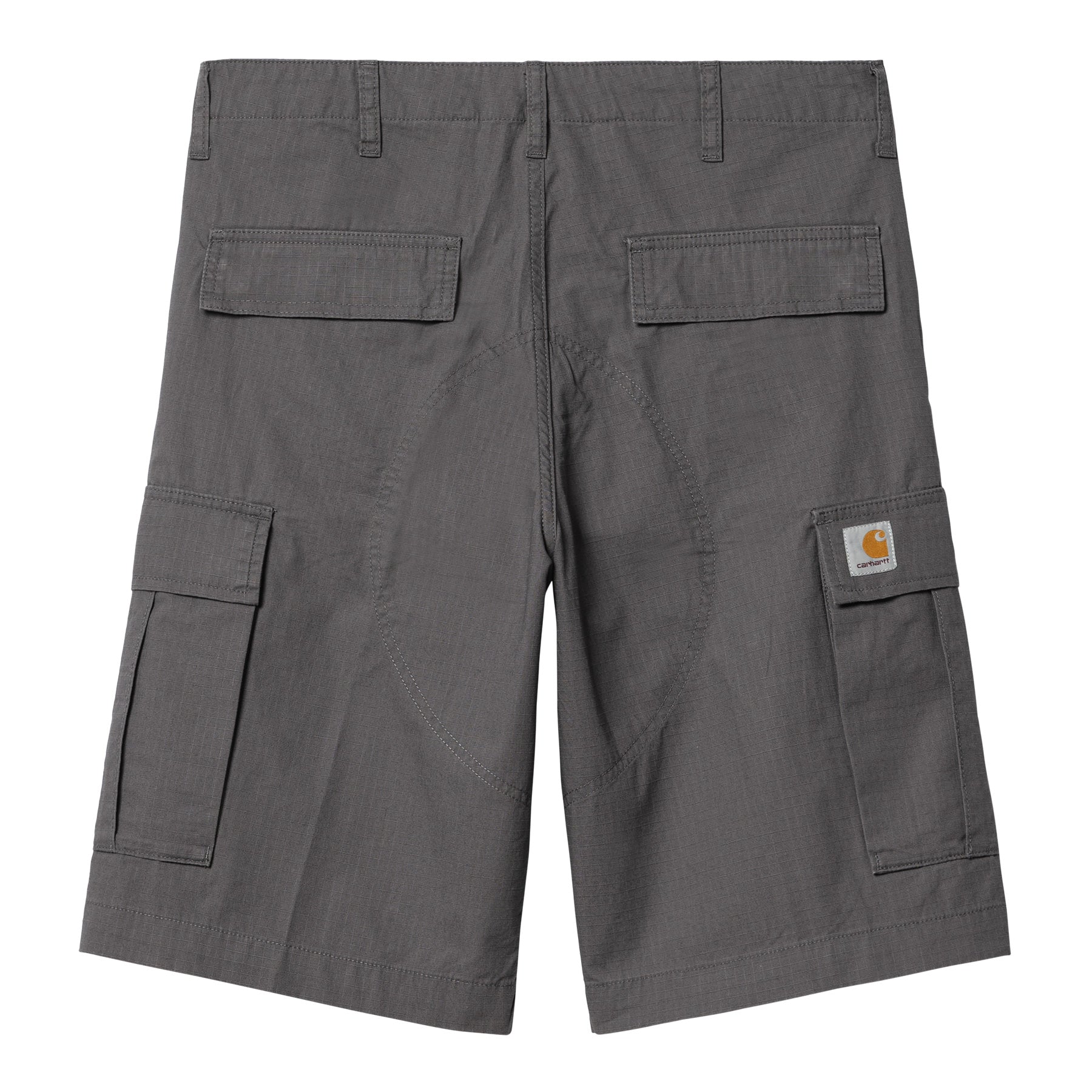 Grey Carhartt cargo shorts with woven logo on side pocket. Free UK shipping on orders over £50.