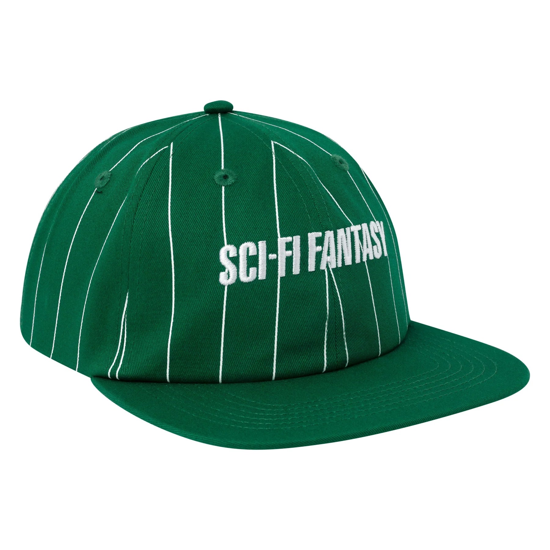 Green sci fi fantasy six panel cap with white stripes and white logo on front. Free uk shipping on orders over £50