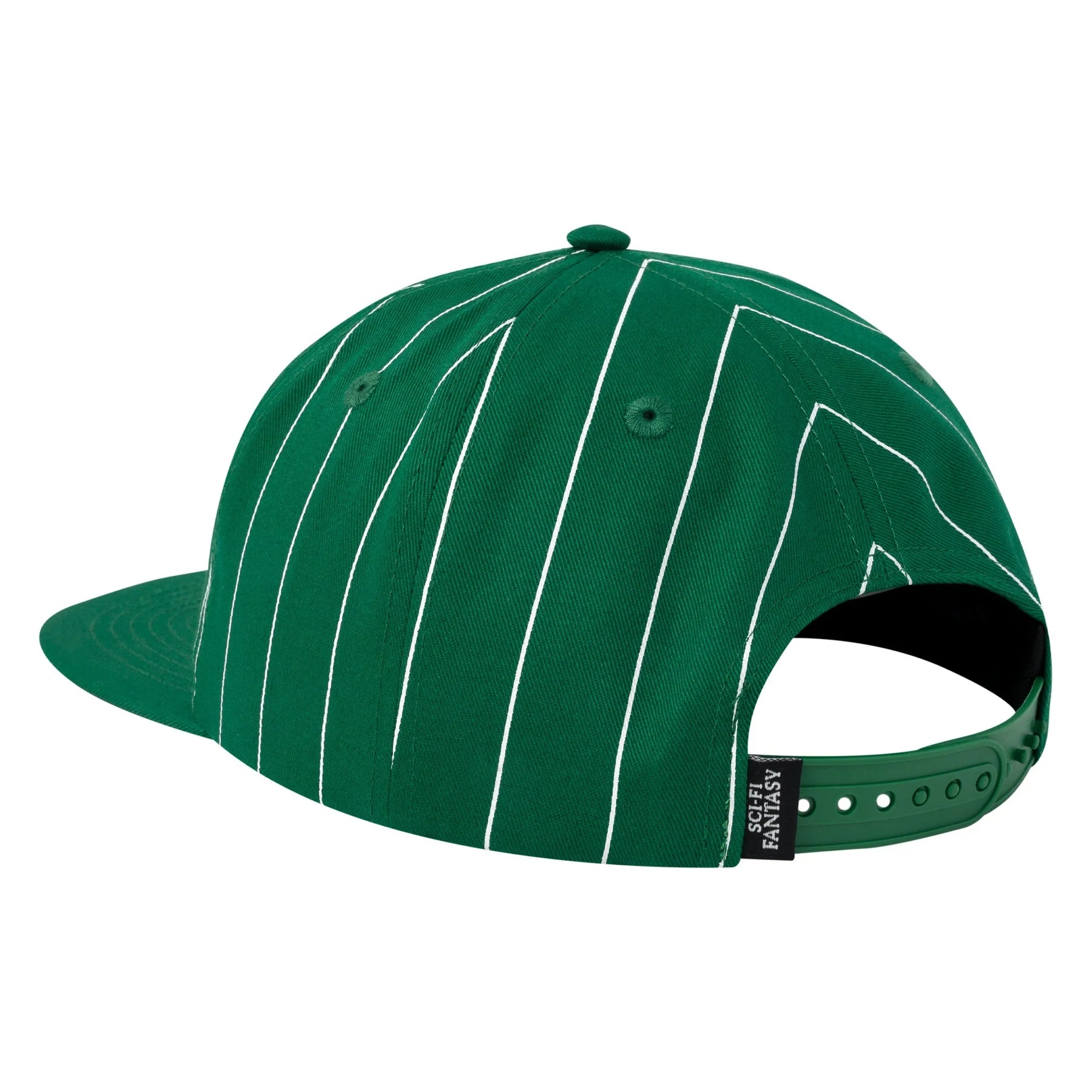 Green sci fi fantasy six panel cap with white stripes and white logo on front. Free uk shipping on orders over £50