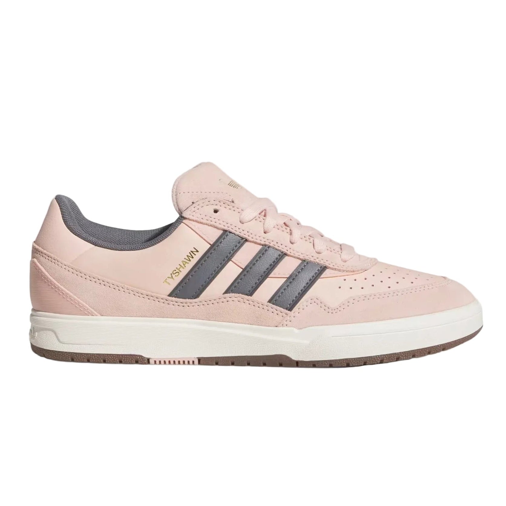 light pink low-top adidas skate shoes with grey stripes and a white sole