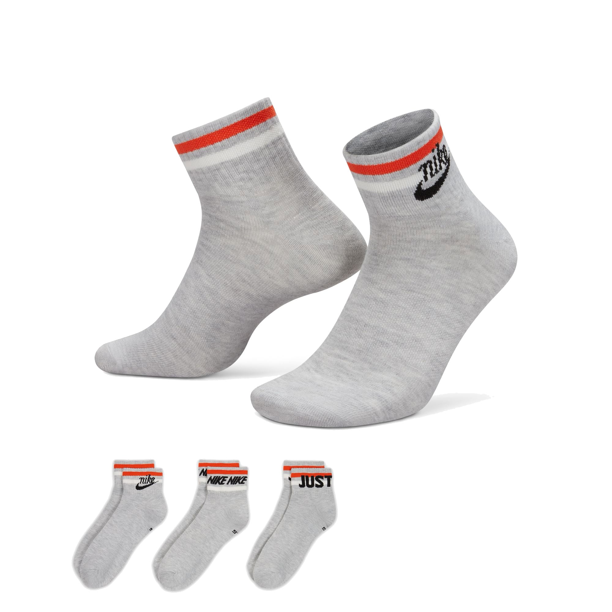 Grey nike ankle socks with red and white stripes and black nike swoosh logo. Free uk shipping over £50