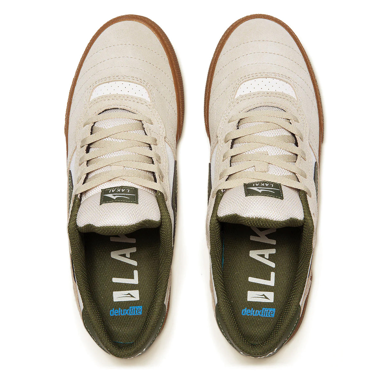 Cream and olive green suede skateboarding shoes from Lakai. Pay by Klarna or Clearpay.
