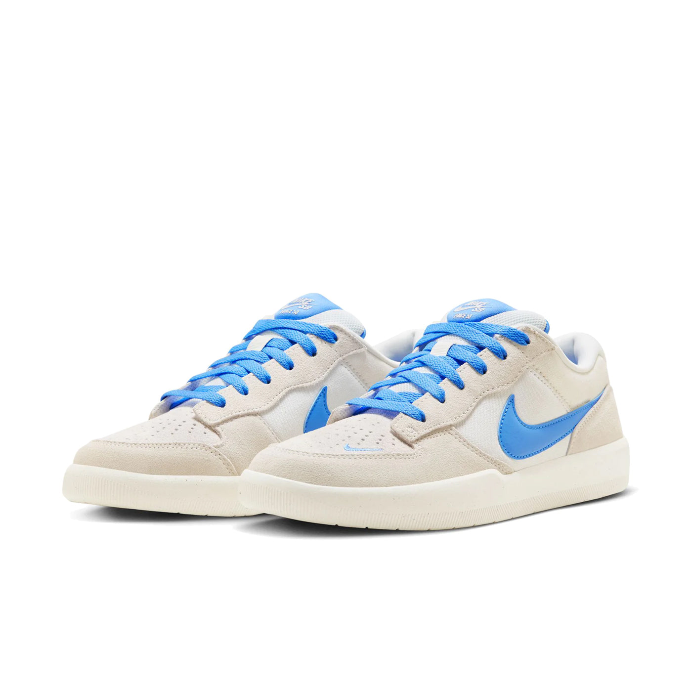 Low top Nike SB Force 58 Premium skate shoes, in white colourway with blue Nike swoosh on sides.