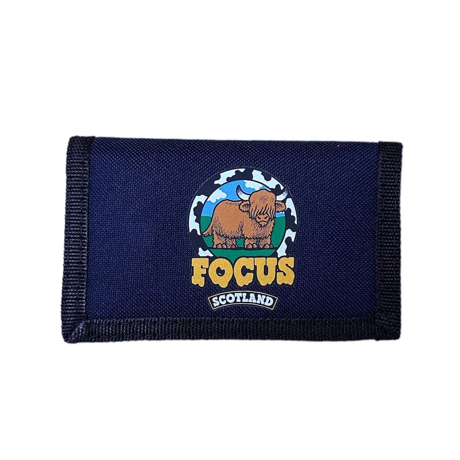 Navy blue focus wallet with yellow focus melted coo logo on front. Free uk shipping over £50