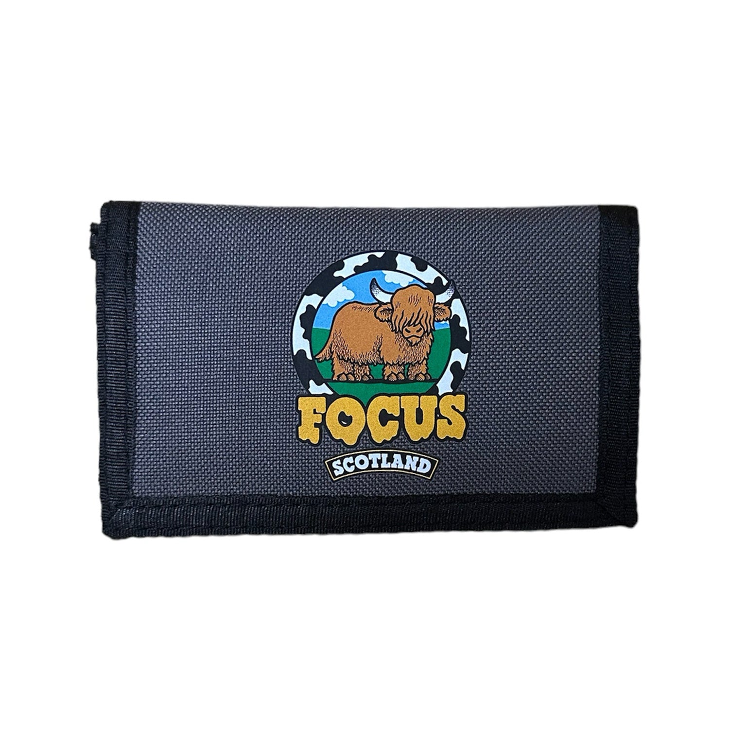 Grey focus wallet with yellow focus melted coo logo on front. Free uk shipping over £50
