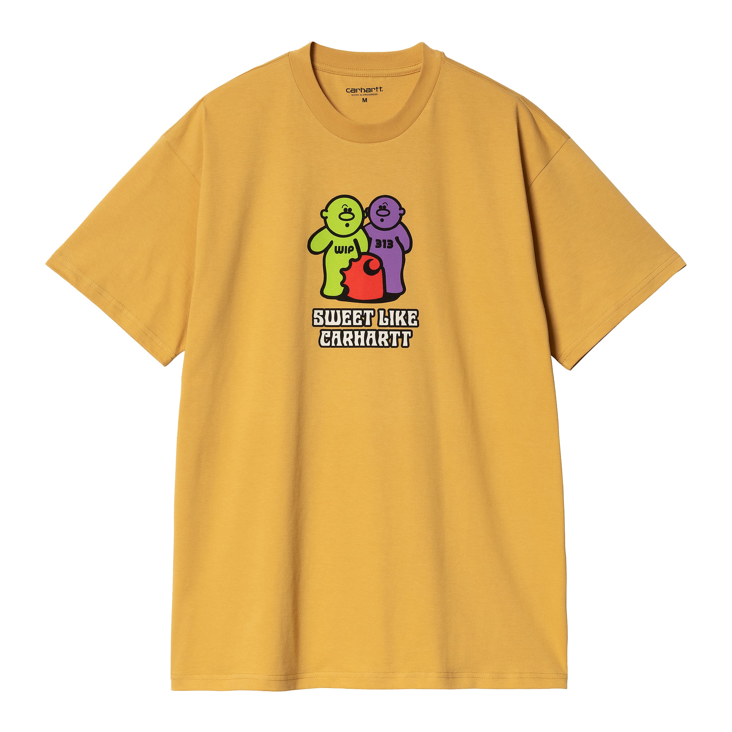 Orange Carhartt tee with green and purple gummy design with red apple Carhartt logo and black and white 'SWEET LIKE CARHARTT' text. Free UK shipping on orders over £50.