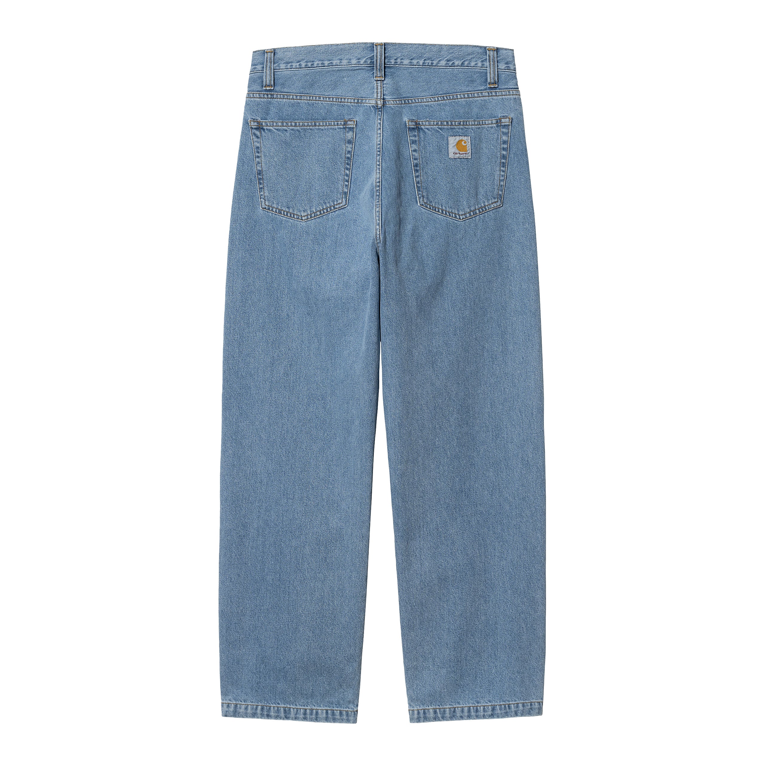 Light blue denim loose fit Carhartt trousers with woven logo. Free UK shipping on orders over £50.