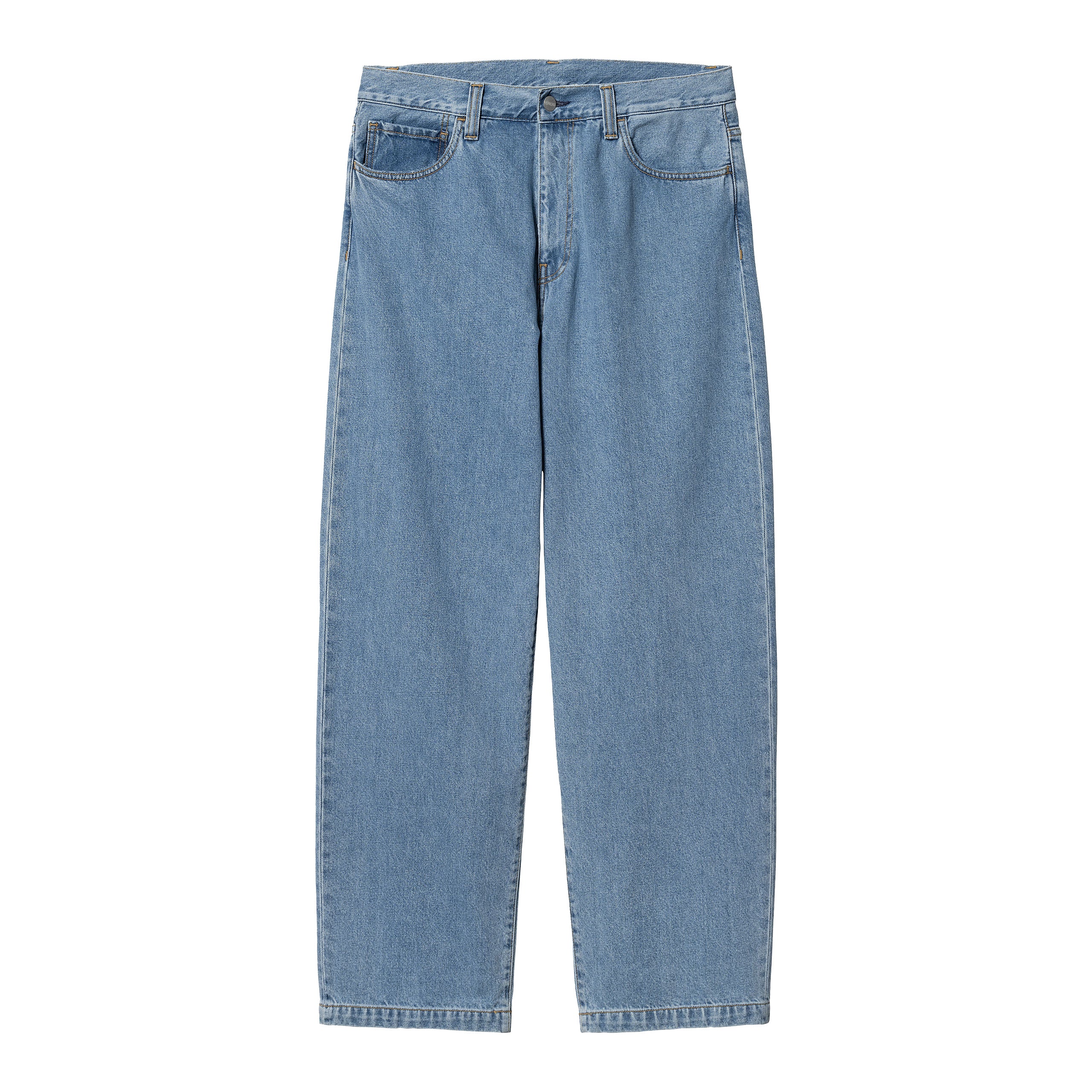 Light blue denim loose fit Carhartt trousers with woven logo. Free UK shipping on orders over £50.