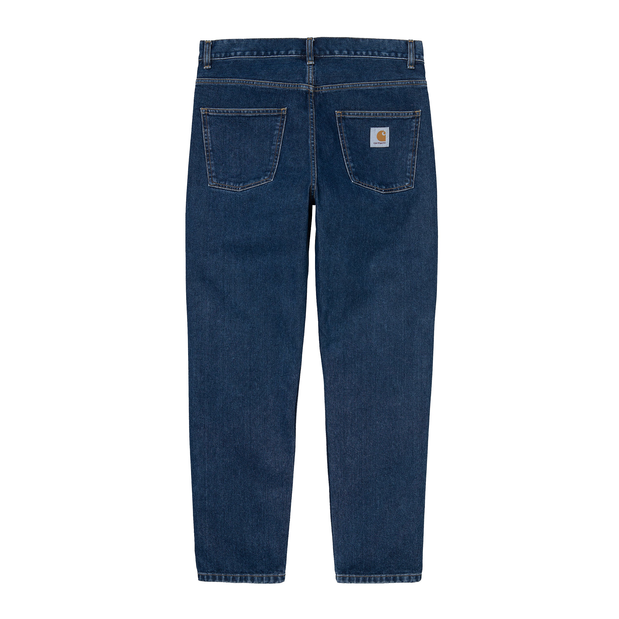 Dark blue denim Carhartt trousers with woven logo on back pocket. Free UK shipping on orders over £50.