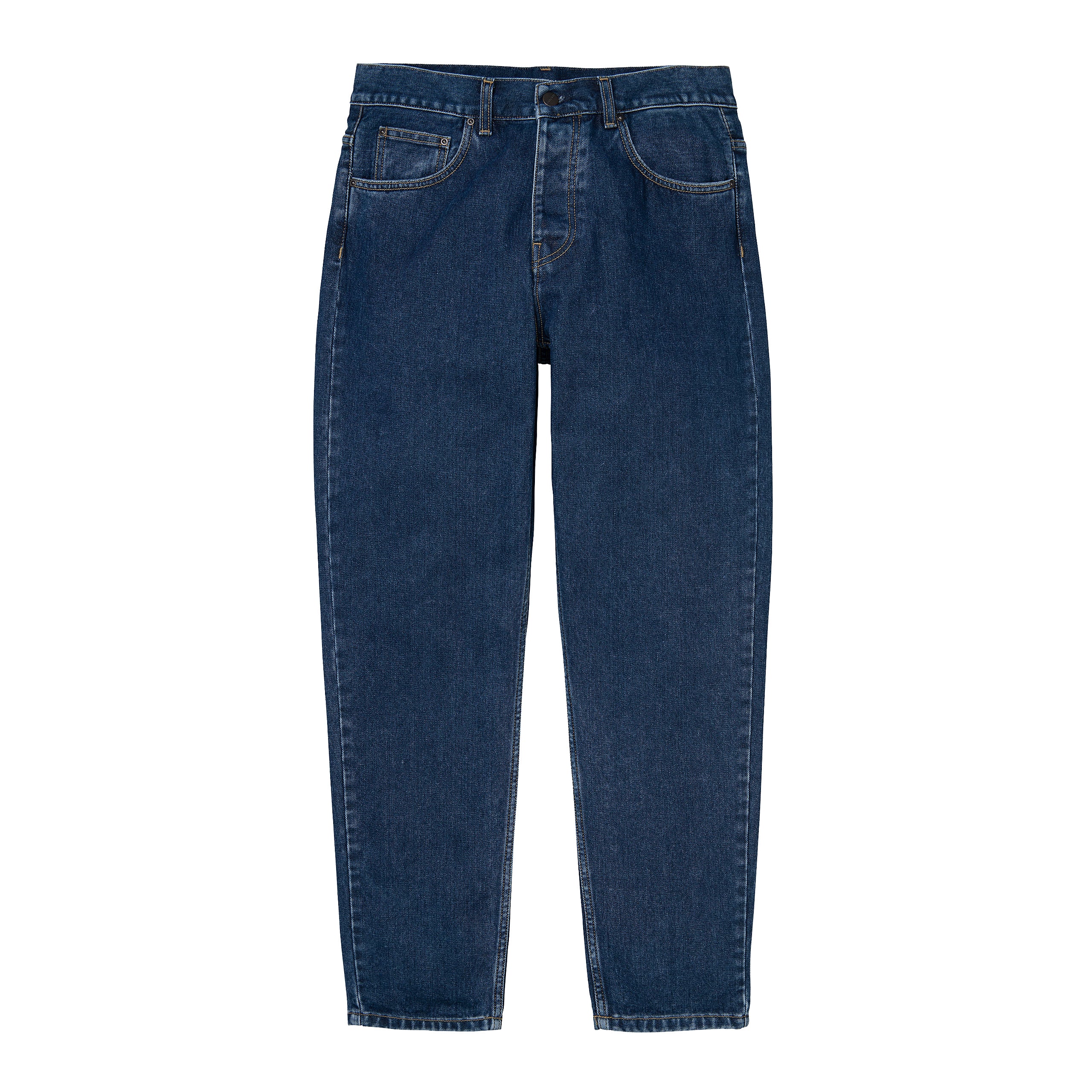 Dark blue denim Carhartt trousers with woven logo on back pocket. Free UK shipping on orders over £50.