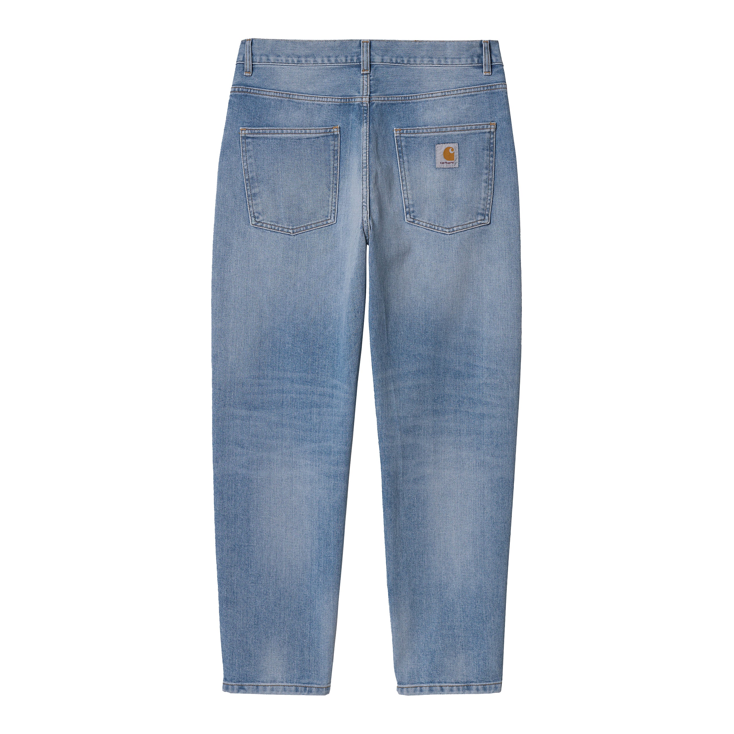 Light blue denim Carhartt trousers with woven logo on back pocket. Free UK shipping on orders over £50.