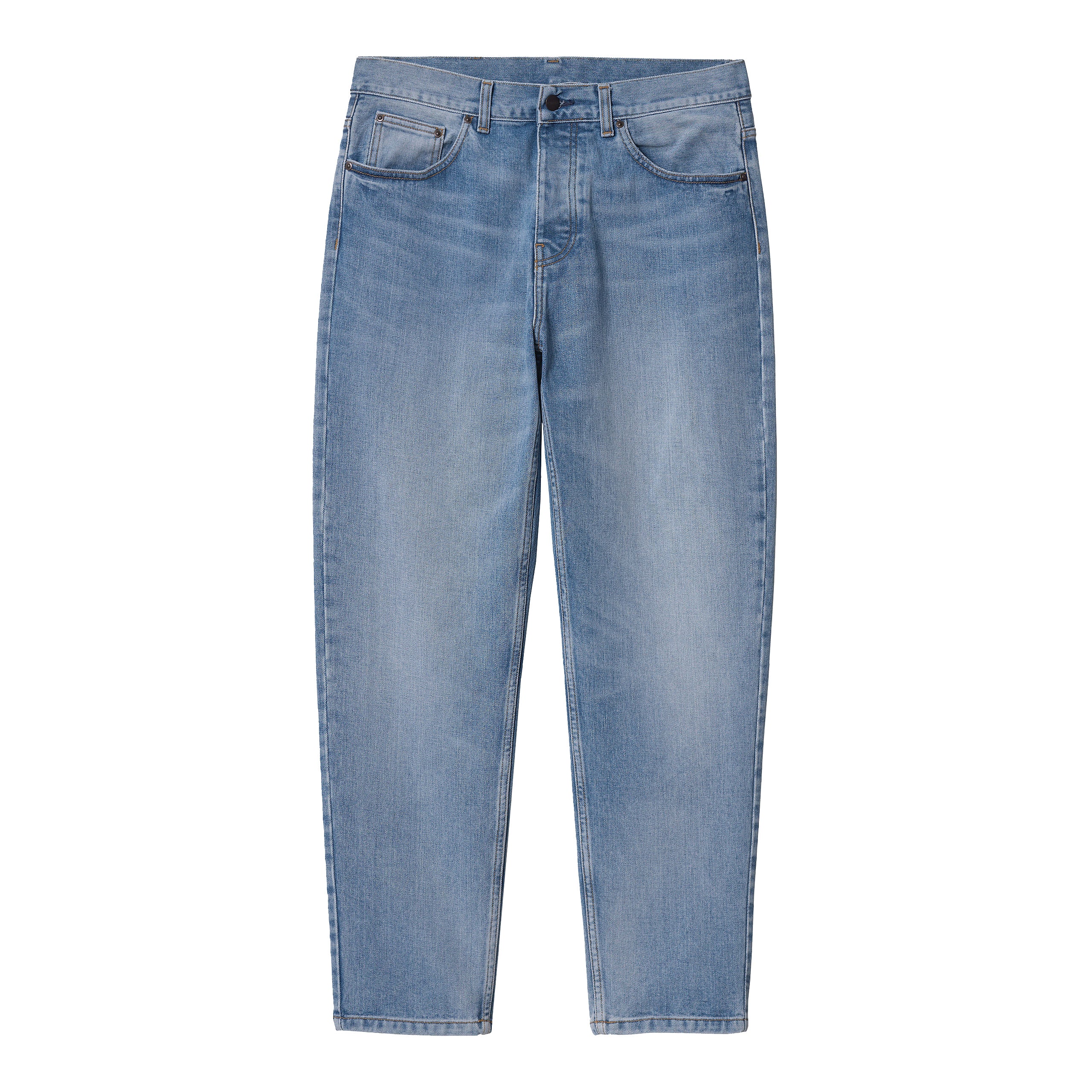 Light blue denim Carhartt trousers with woven logo on back pocket. Free UK shipping on orders over £50.
