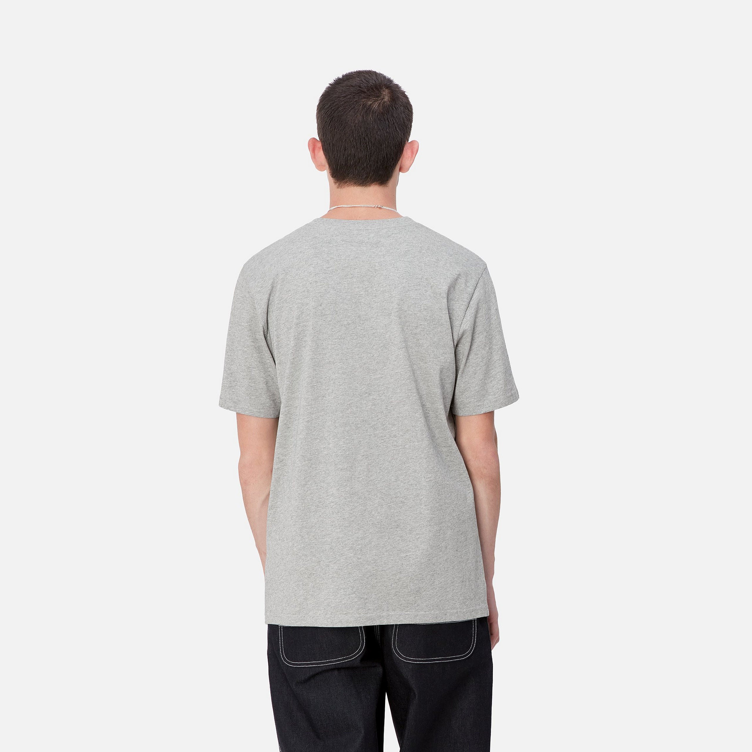 Grey Carhartt tshirt with woven logo on the front pocket. Free UK shipping on orders over £50.