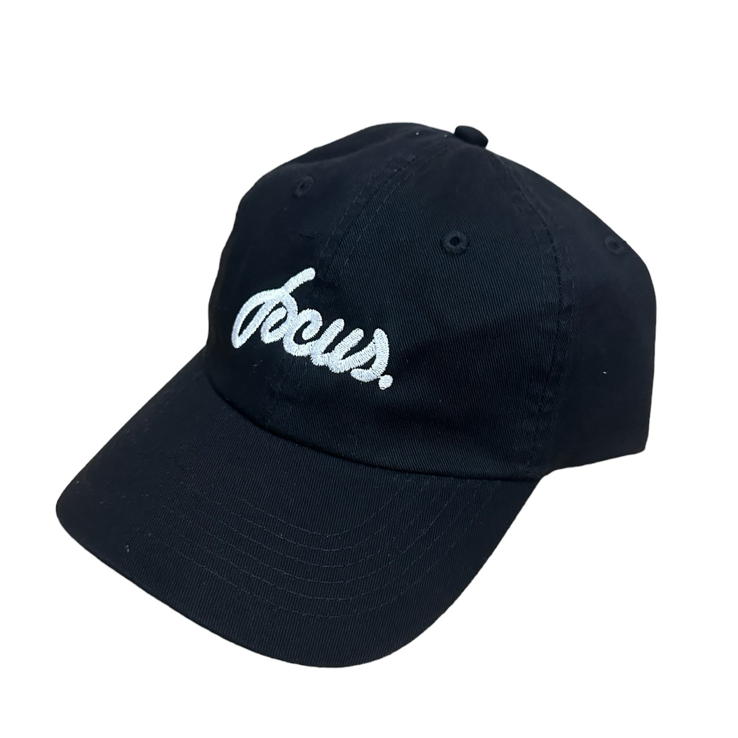 Black focus logo 6 panel cap with white script logo on front. Free uk shipping over £50