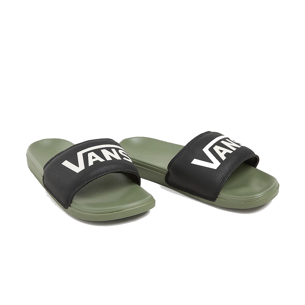 Olive green vans sliders with black strap and white vans logo. Free uk shipping over £50