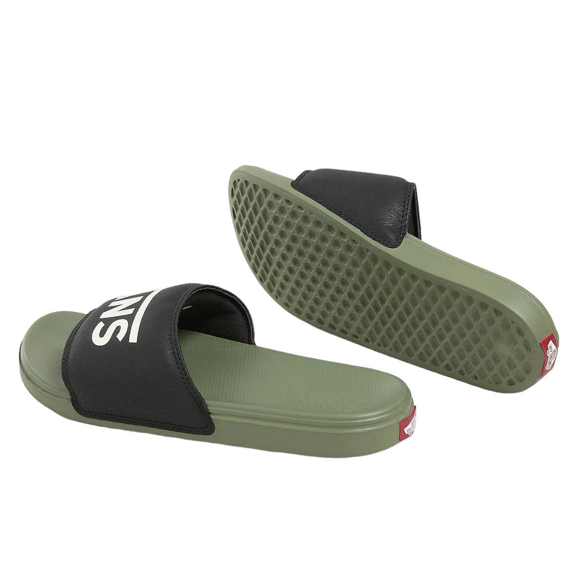 Olive green vans sliders with black strap and white vans logo. Free uk shipping over £50