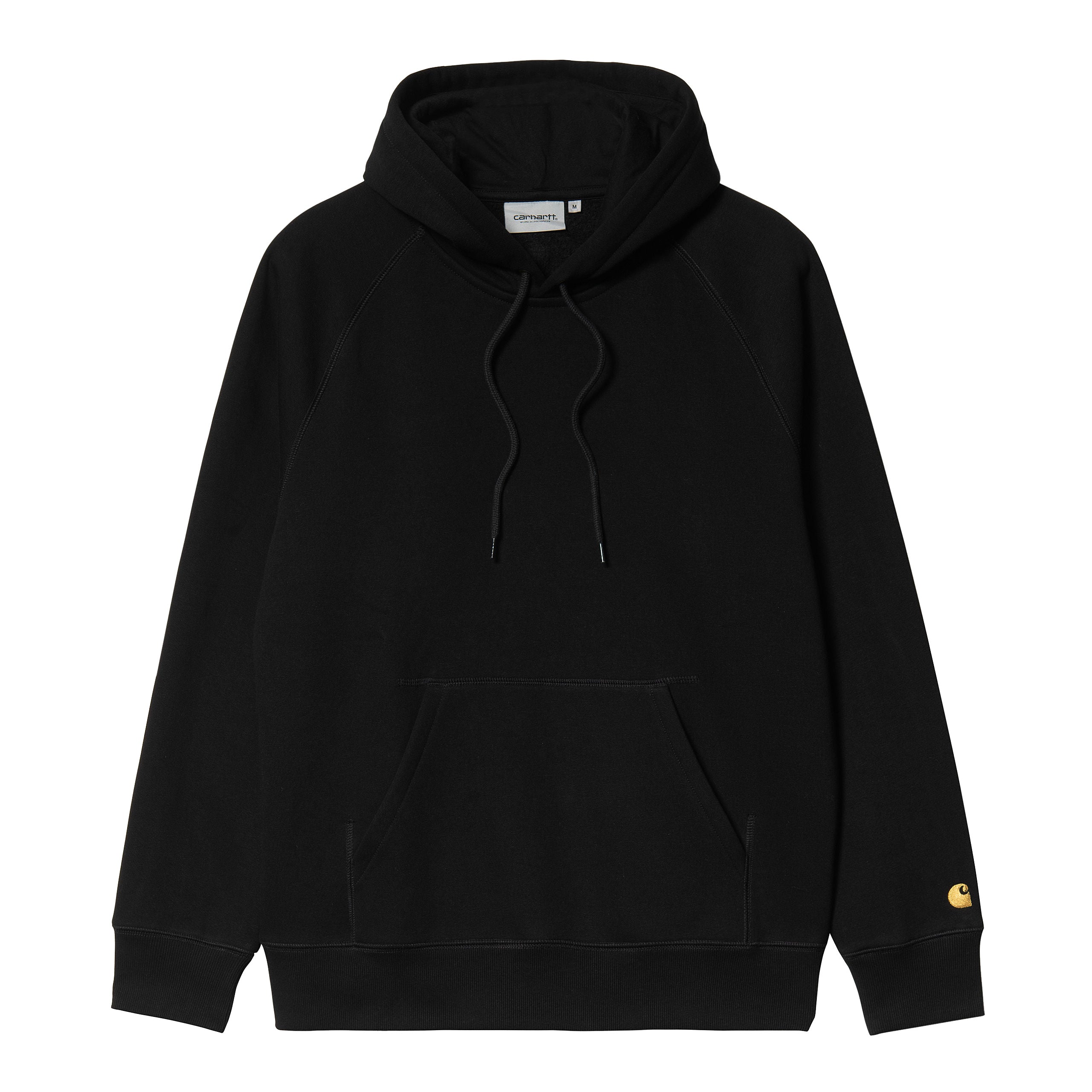 Black Carhartt hoodie with gold embroidered logo on sleeve. Free UK shipping on orders over £50.