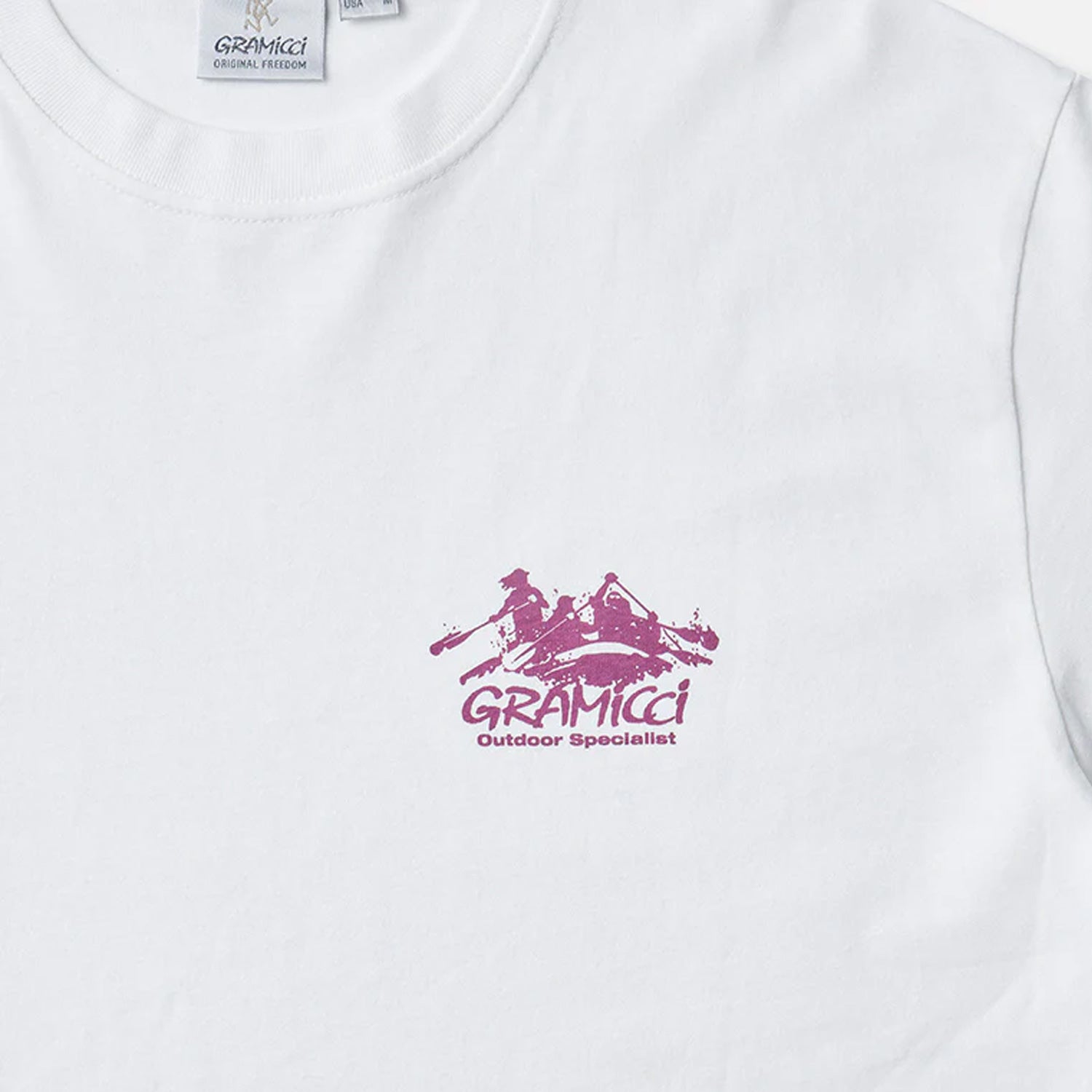 White Gramicci short sleeve t-shirt with printed logos in purple on front and back. Free UK Shipping on orders over £50