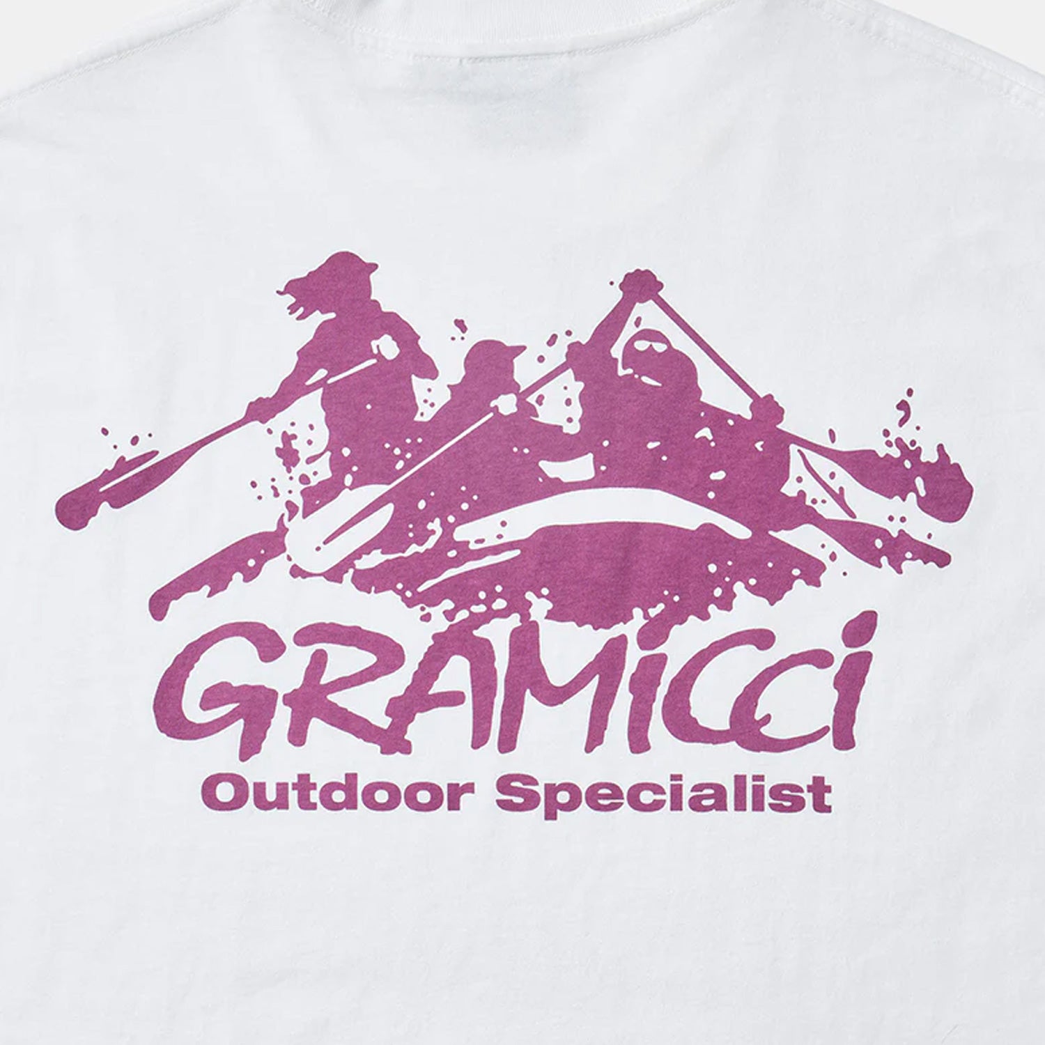 White Gramicci short sleeve t-shirt with printed logos in purple on front and back. Free UK Shipping on orders over £50